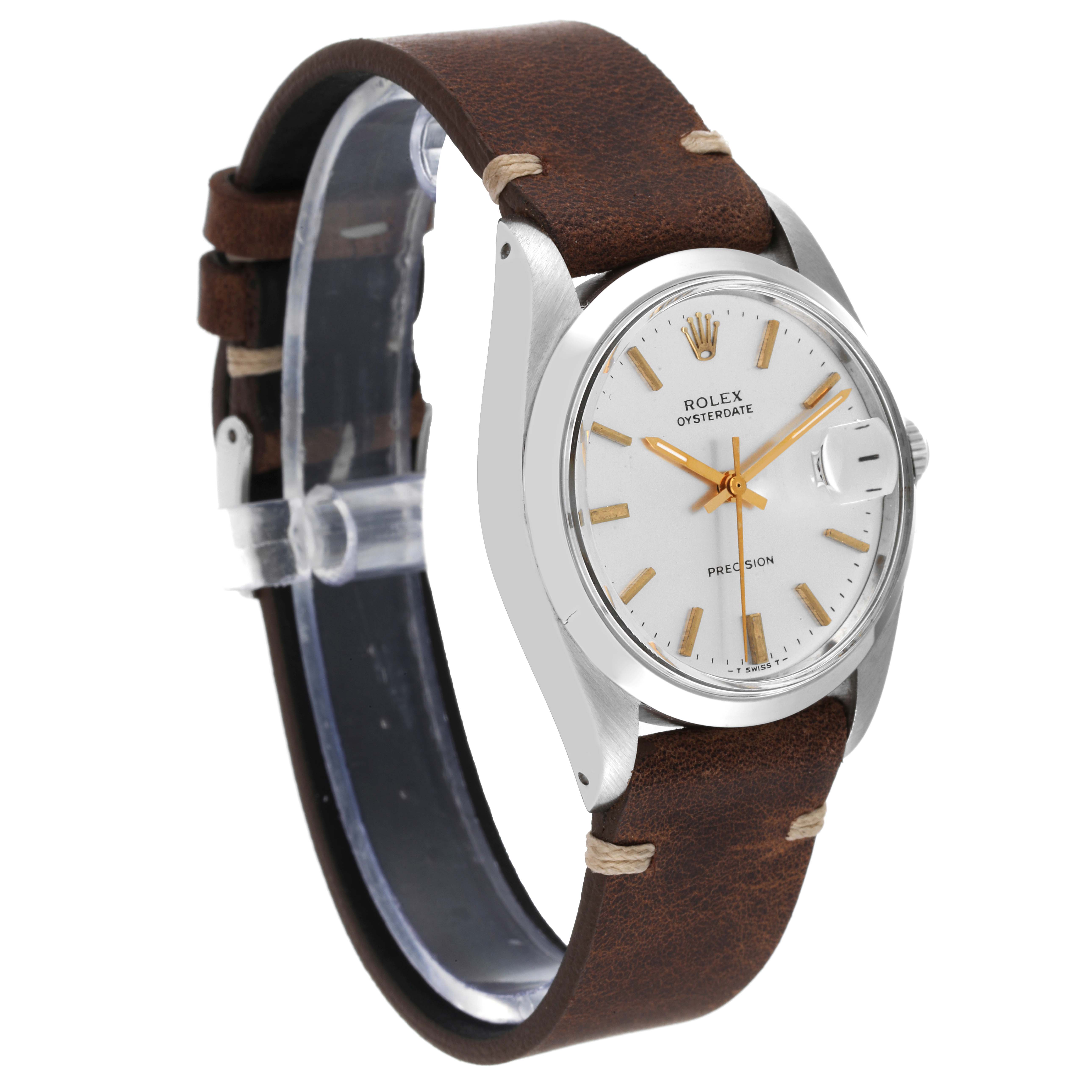 The Rolex Vintage Collection 6694 Men's Stainless Steel Silver Dial 6694 Men's Stainless Steel Silver Dial model is shown at a side angle, highlighting the white dial, brown leather strap, and classic case.