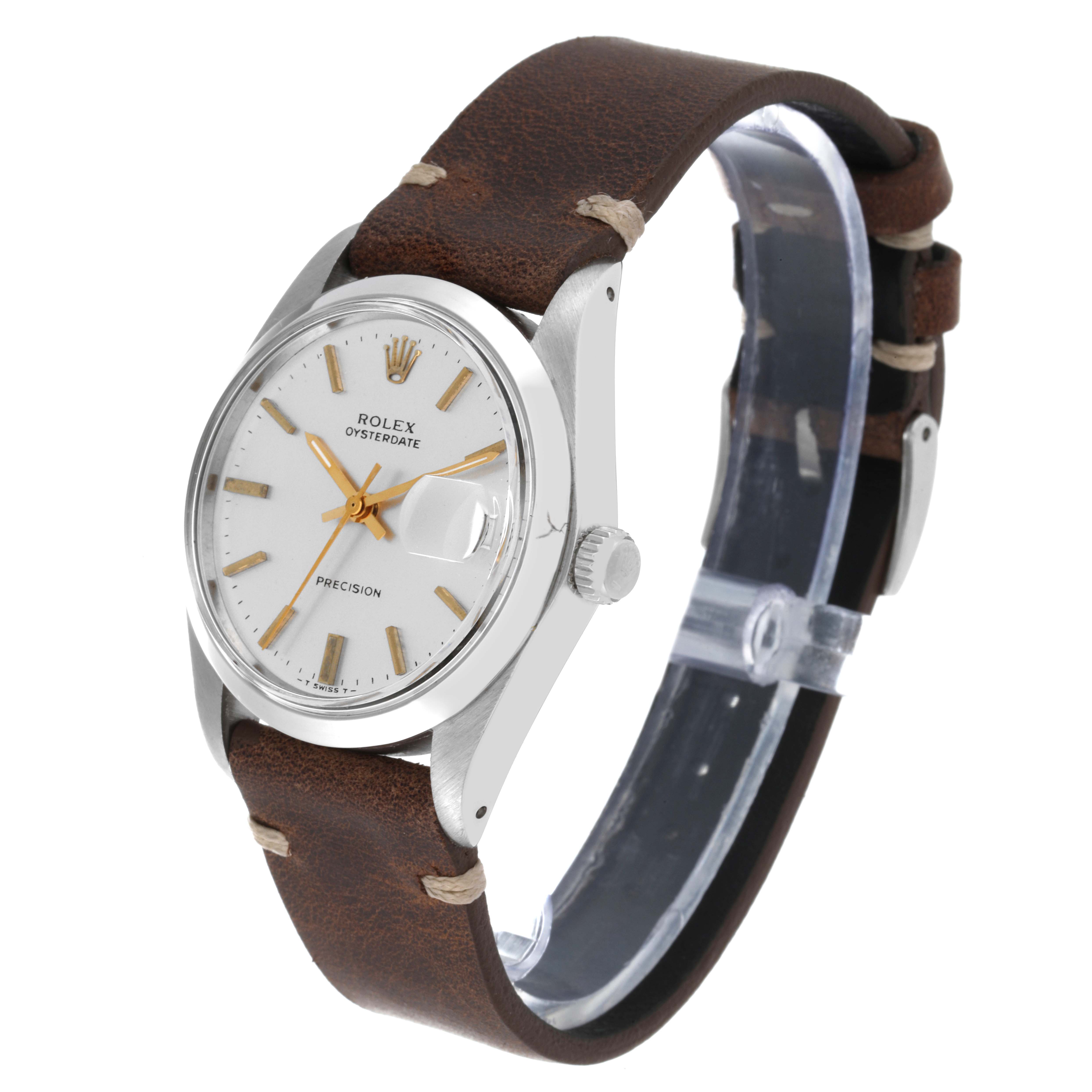 The image shows a Rolex Vintage Collection 6694 Men's Stainless Steel Silver Dial 6694 Men's Stainless Steel Silver Dial watch at a 3/4 angle, highlighting the dial, case, crown, and leather strap.