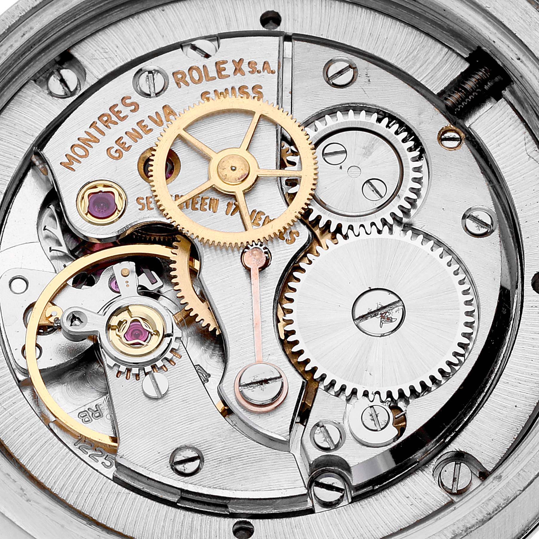 The image shows a close-up view of the internal mechanical movement of a Rolex Vintage Collection 6694 Men's Stainless Steel Silver Dial 6694 Men's Stainless Steel Silver Dial watch.