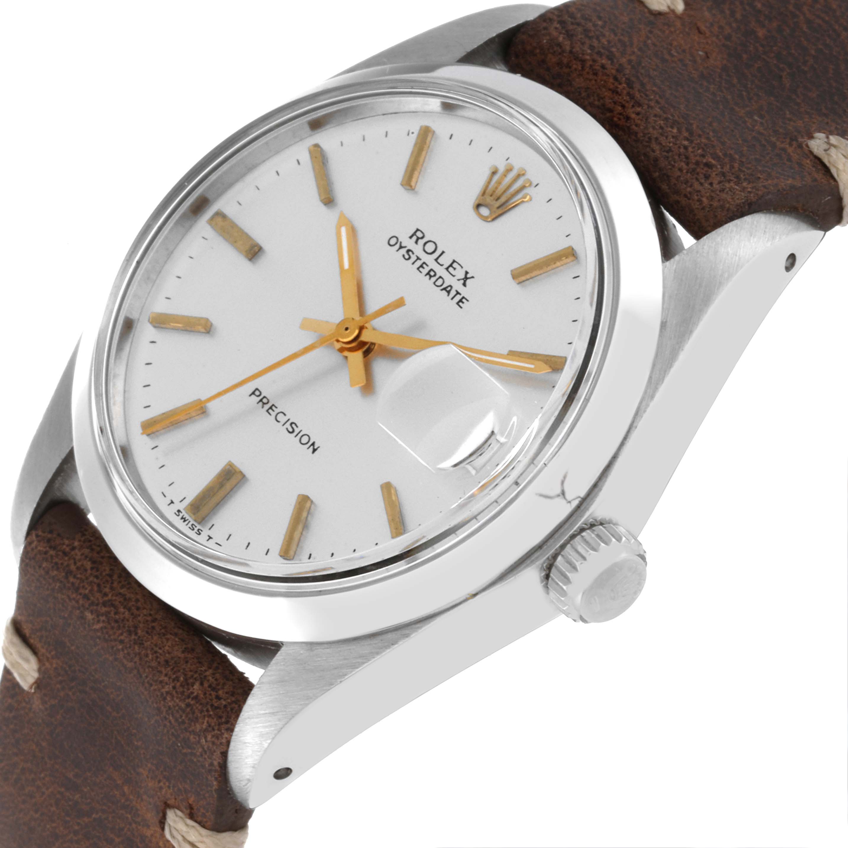 The Rolex Vintage Collection 6694 Men's Stainless Steel Silver Dial 6694 Men's Stainless Steel Silver Dial model is shown at an oblique angle highlighting the face, bezel, crown, and leather strap.