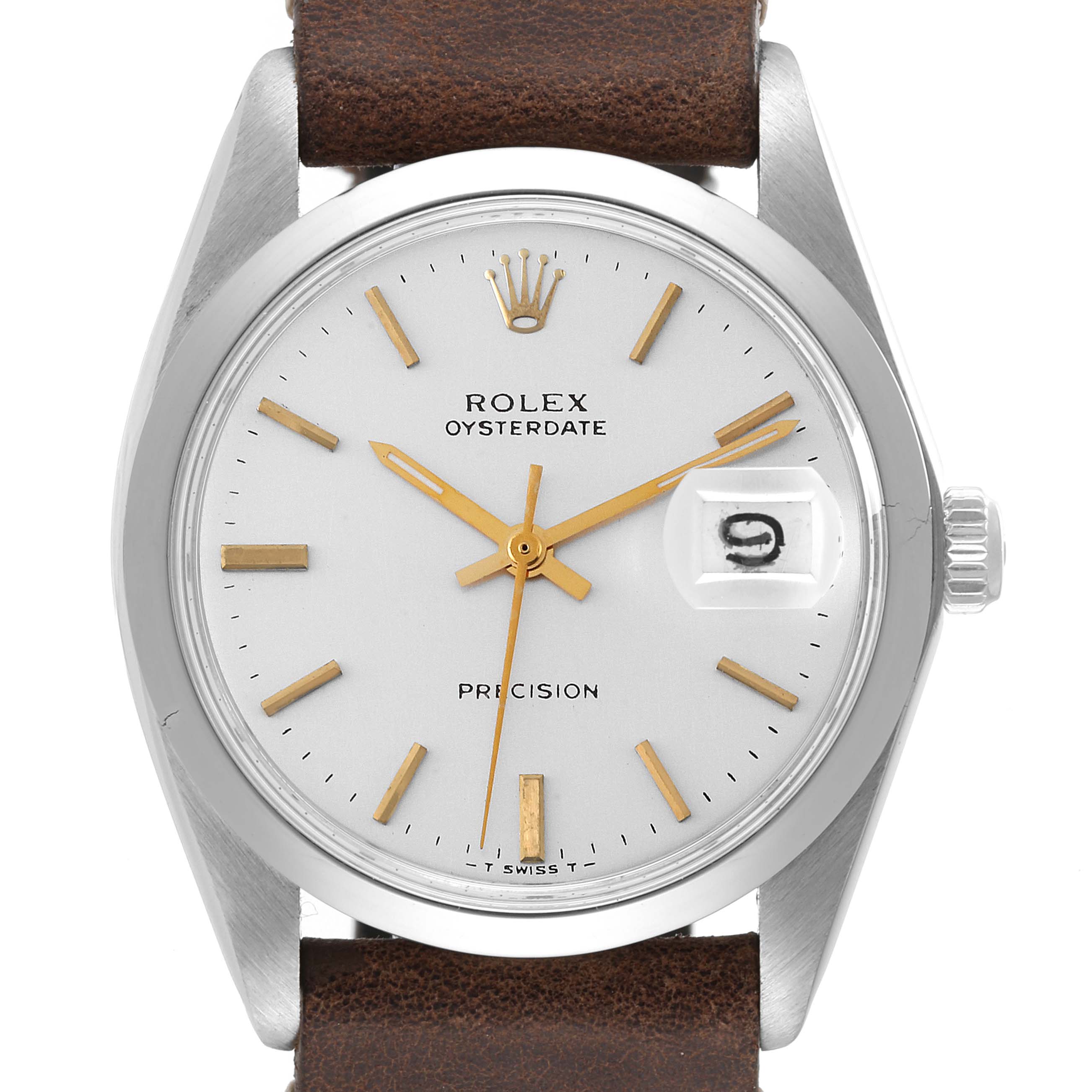 The image shows a front view of the Rolex Vintage Collection 6694 Men's Stainless Steel Silver Dial 6694 Men's Stainless Steel Silver Dial Oysterdate Precision watch with a brown leather strap.
