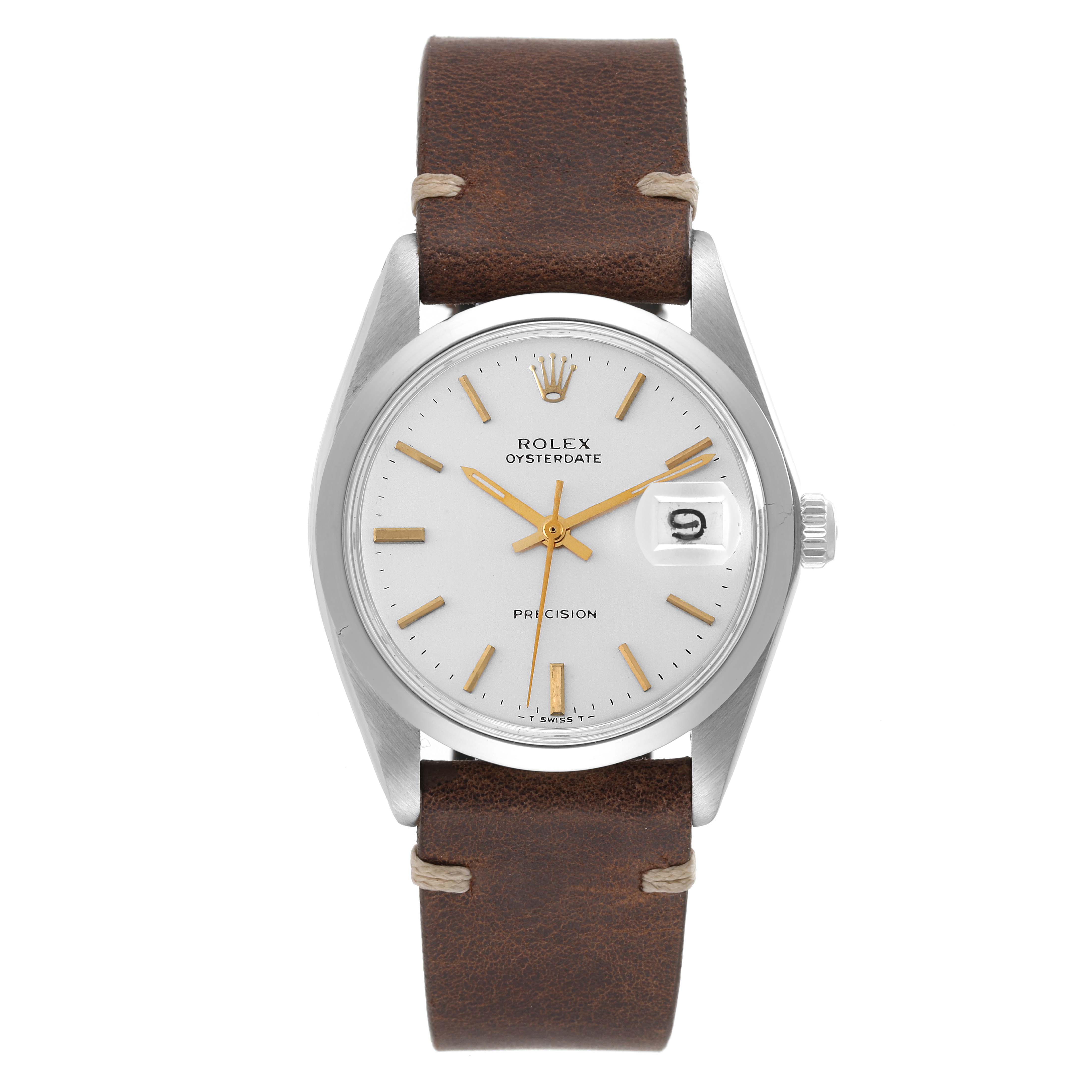 The Rolex Vintage Collection 6694 Men's Stainless Steel Silver Dial 6694 Men's Stainless Steel Silver Dial watch is shown from a direct front angle, highlighting its dial, hands, crown, and leather strap.