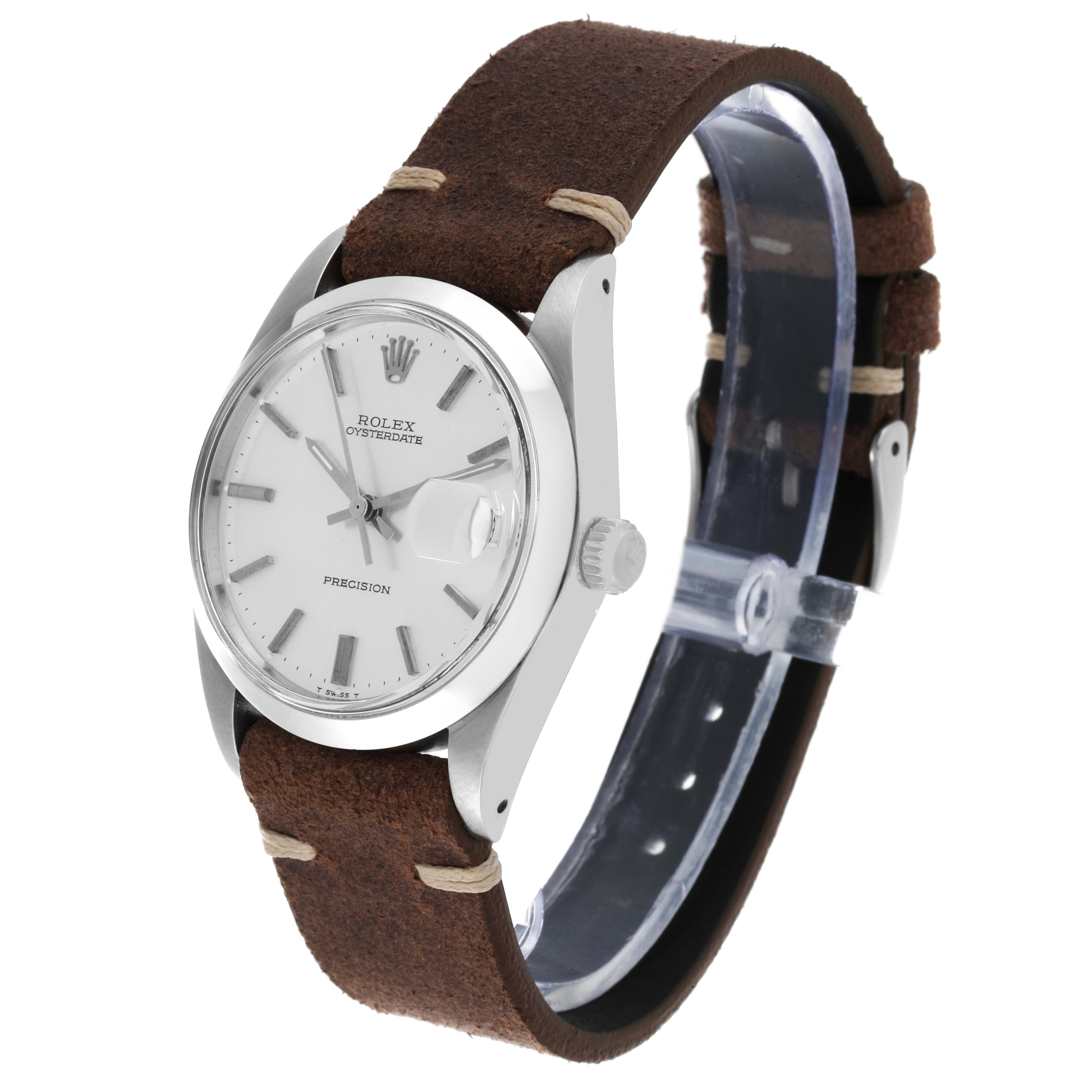 The Rolex Vintage Collection 6694 Men's Stainless Steel Silver Dial 6694 Men's Stainless Steel Silver Dial watch is shown from a three-quarter angle, displaying the dial, bezel, crown, and leather strap.