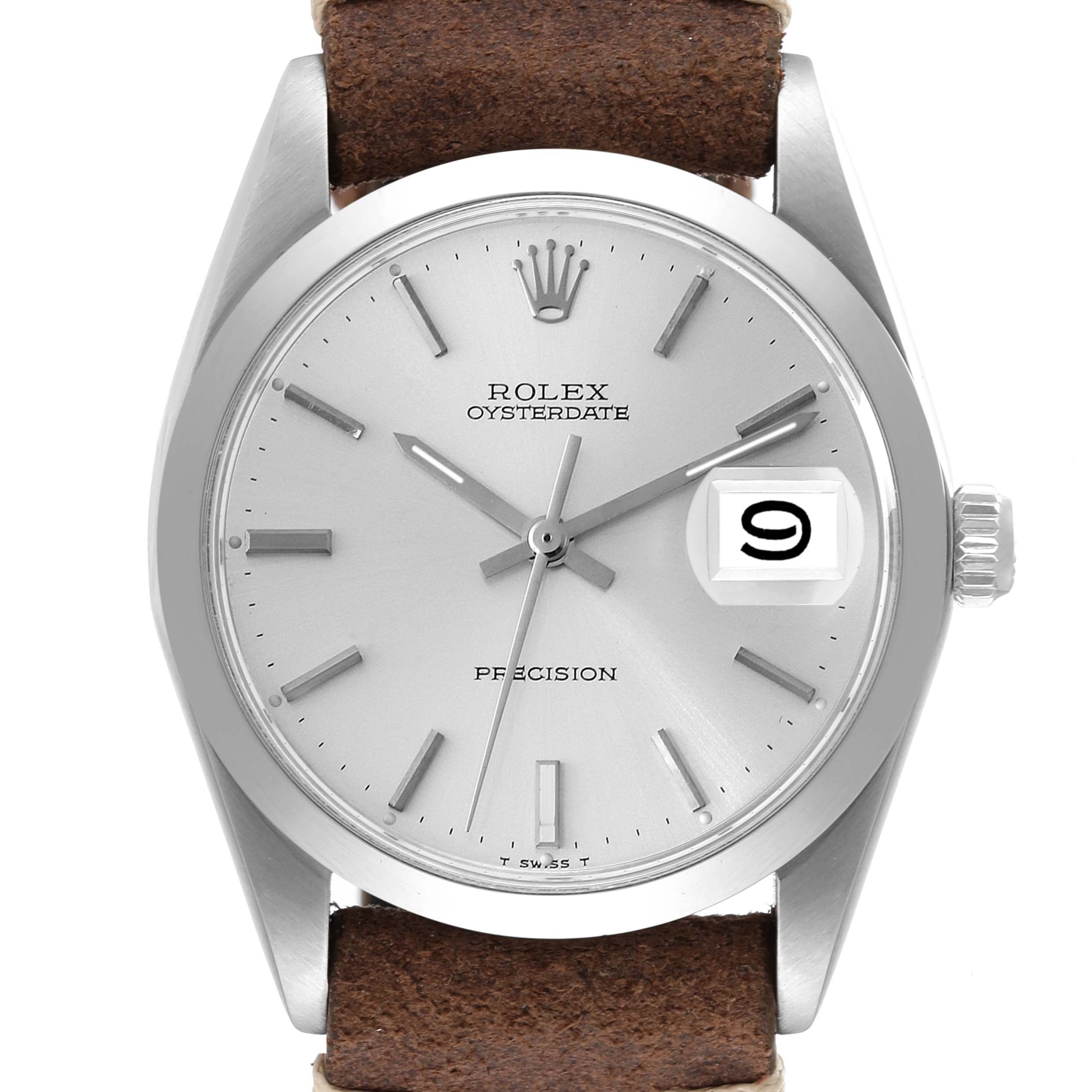 The image shows a front view of the Rolex Vintage Collection 6694 Men's Stainless Steel Silver Dial 6694 Men's Stainless Steel Silver Dial Oysterdate Precision watch, featuring its dial, crown, and strap.