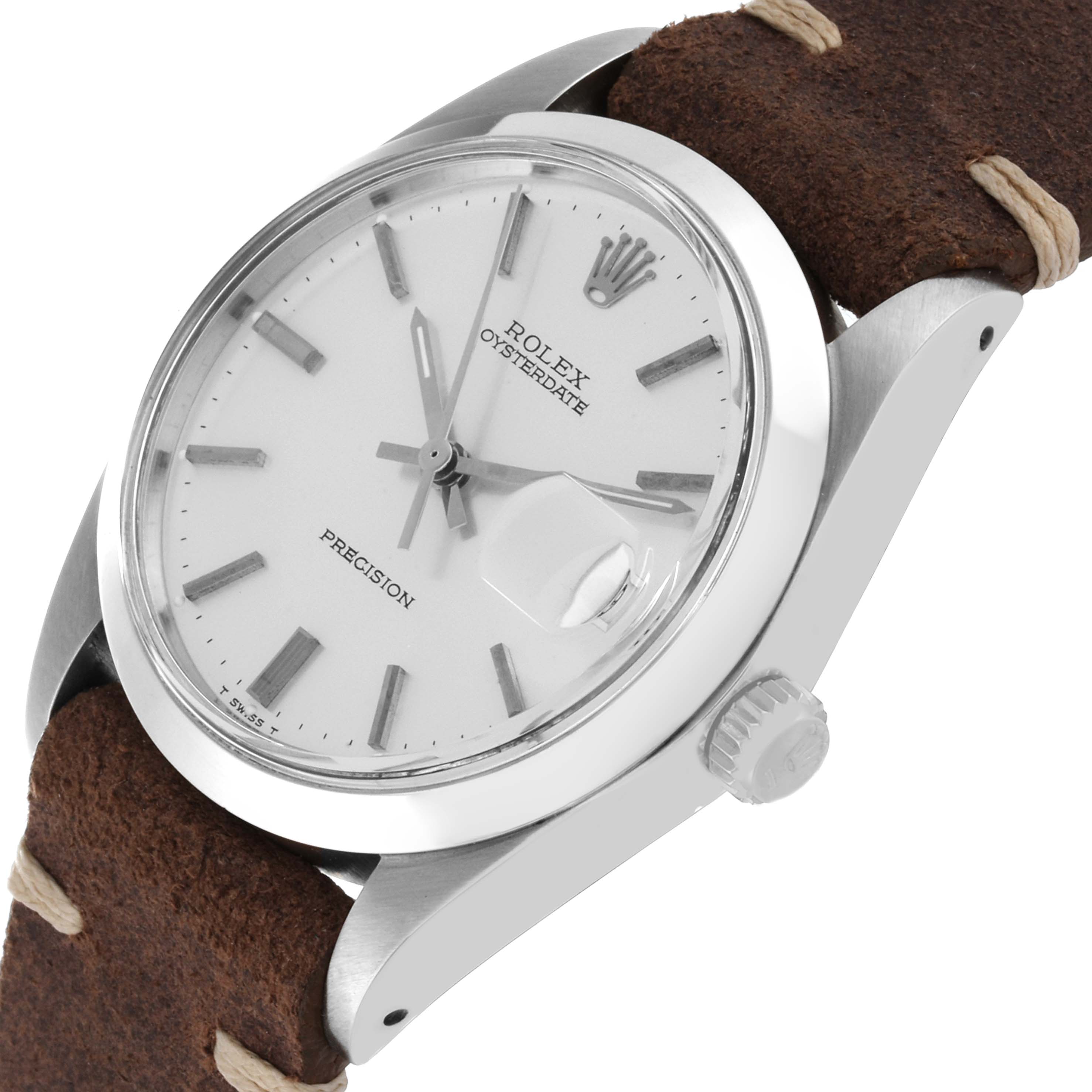 The Rolex Vintage Collection 6694 Men's Stainless Steel Silver Dial 6694 Men's Stainless Steel Silver Dial watch is shown at a slight angle, displaying its dial, crown, and part of the leather strap.