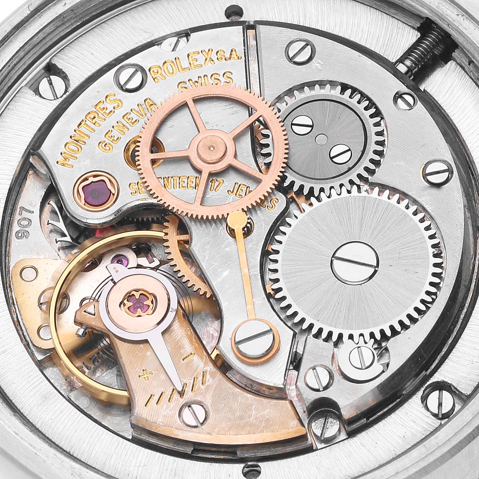 This image shows the internal mechanical movement of a Vintage Collection model by Rolex at a close-up angle.