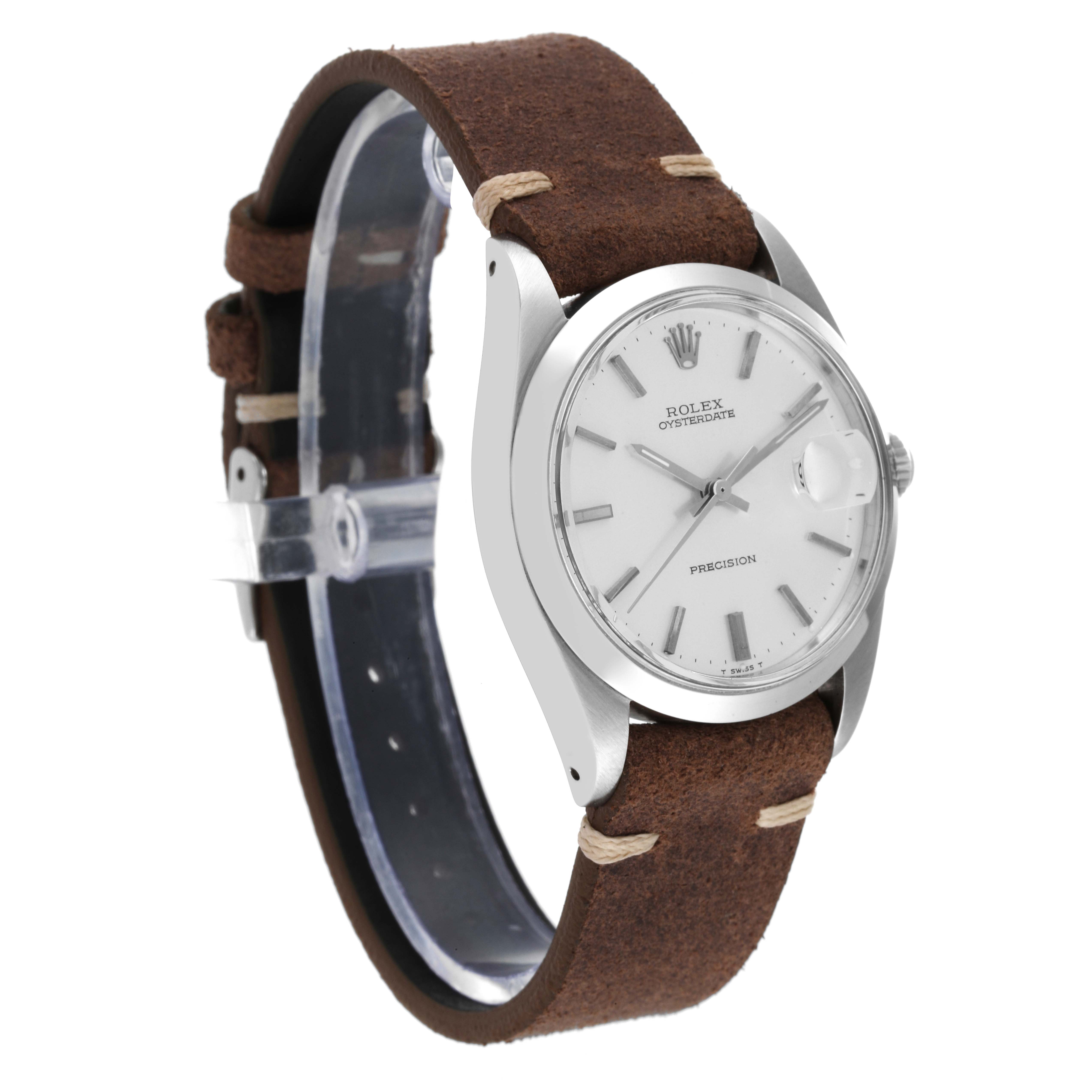 The image shows a Rolex Vintage Collection 6694 Men's Stainless Steel Silver Dial 6694 Men's Stainless Steel Silver Dial watch at a three-quarter angle, displaying the face, case, and brown leather strap.