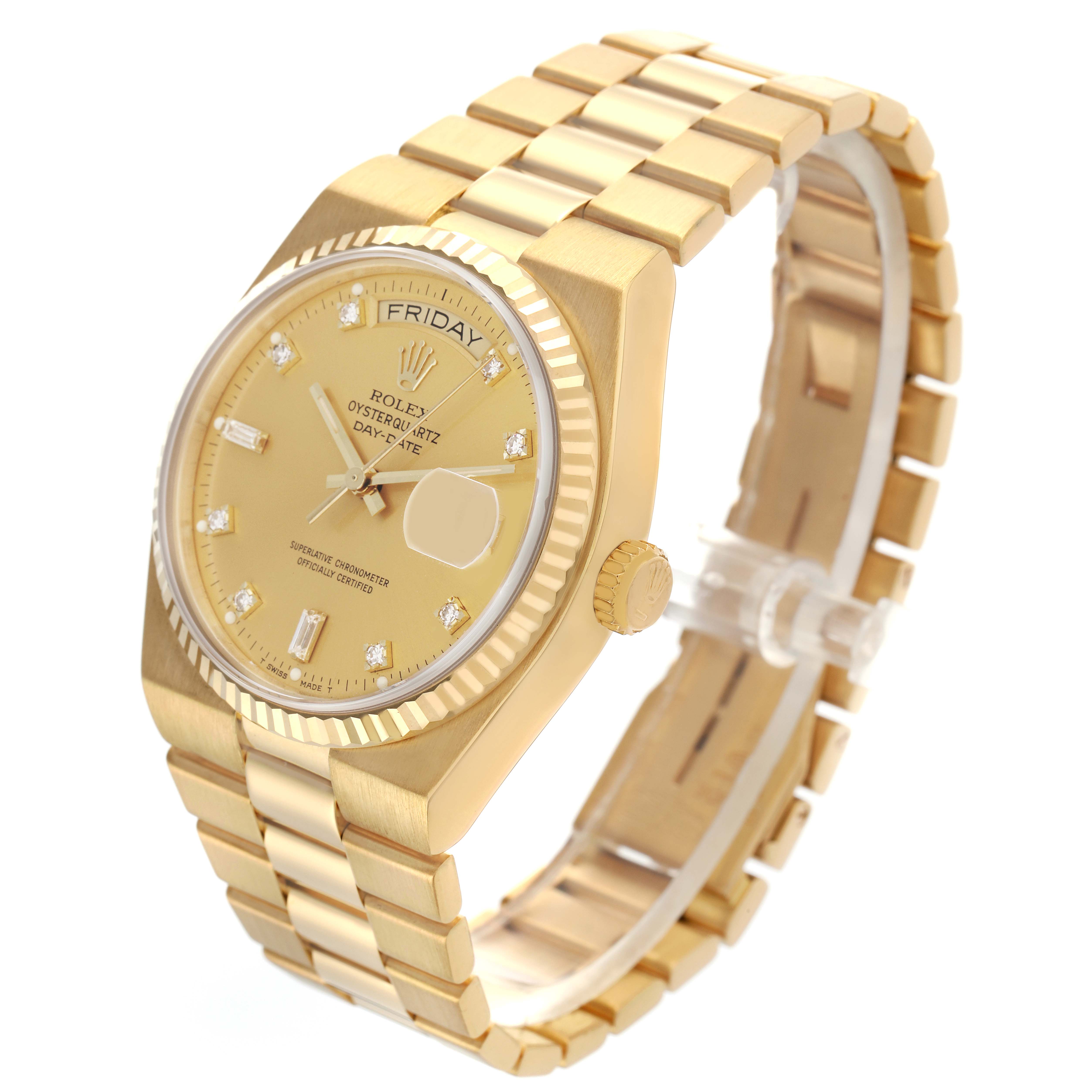 The Rolex Oysterquartz 19018 Men's Yellow Gold Champagne Dial 19018 Men's Yellow Gold Champagne Dial watch is shown at a slight angle, displaying the face, bezel, crown, bracelet, and part of the clasp.