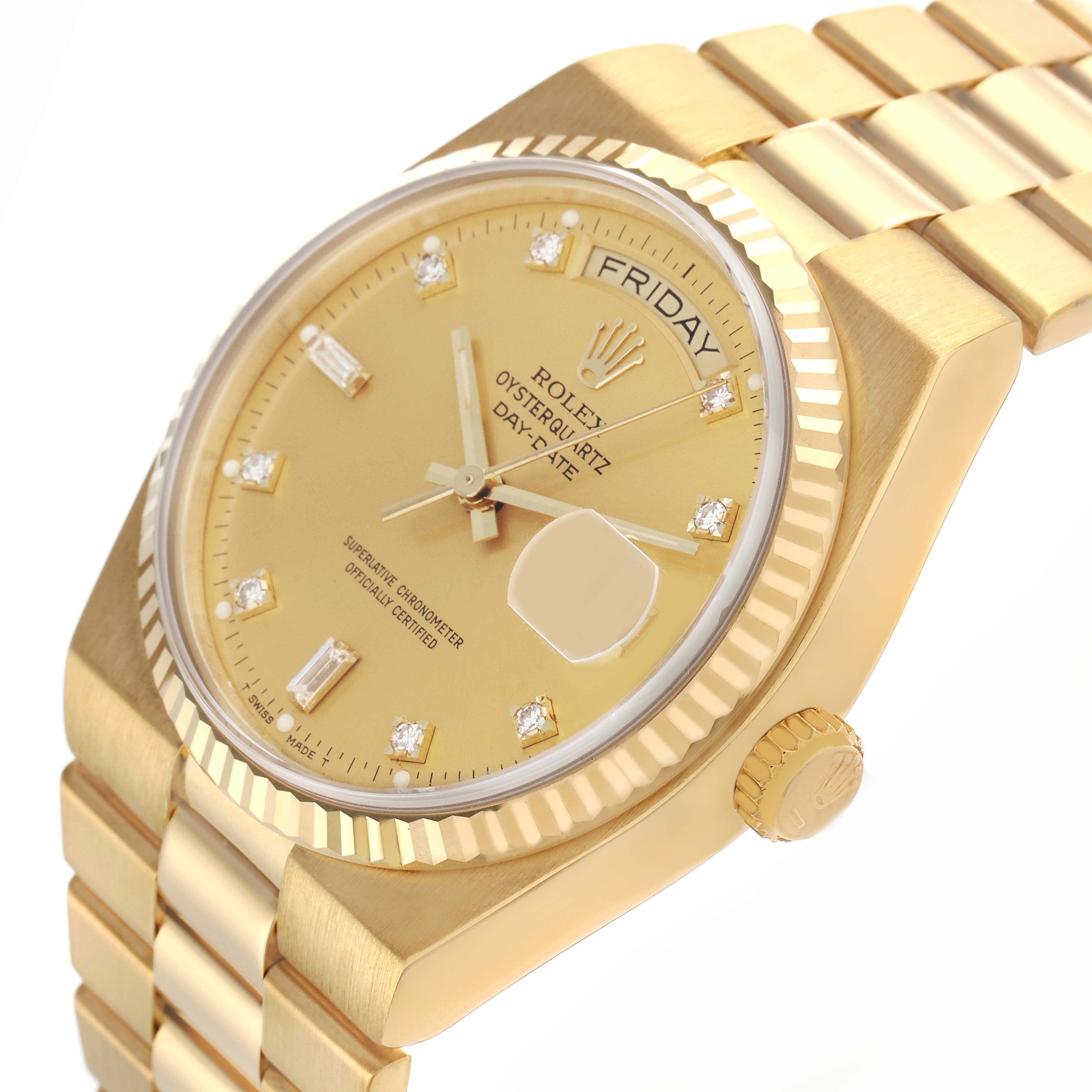 The Rolex Oysterquartz 19018 Men's Yellow Gold Champagne Dial 19018 Men's Yellow Gold Champagne Dial watch is shown at an oblique angle, highlighting the face, crown, and part of the bracelet.