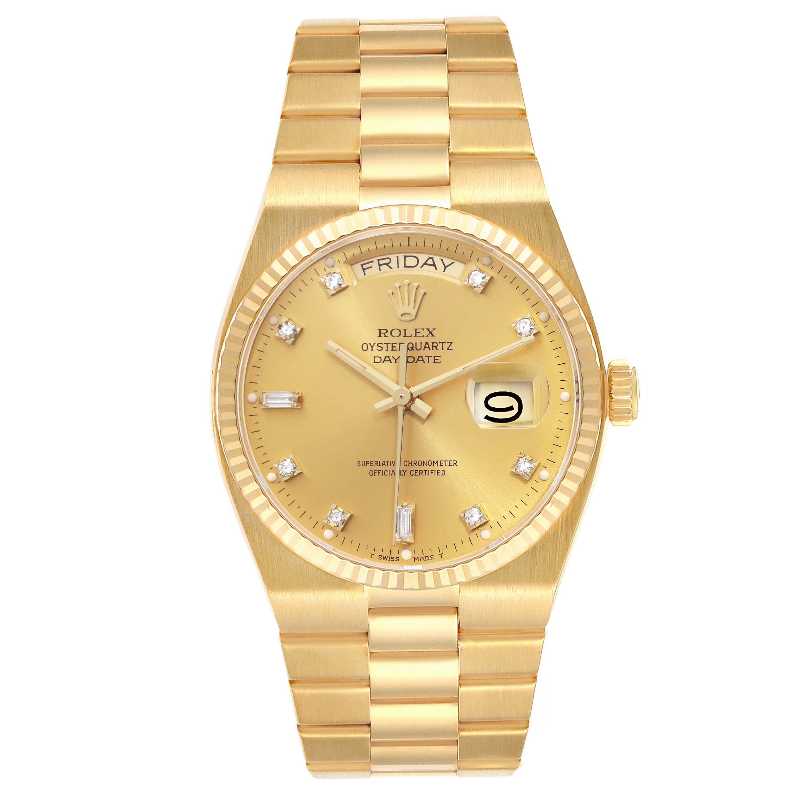 The Rolex Oysterquartz 19018 Men's Yellow Gold Champagne Dial 19018 Men's Yellow Gold Champagne Dial watch is shown from a front angle, displaying the dial, bezel, and bracelet.