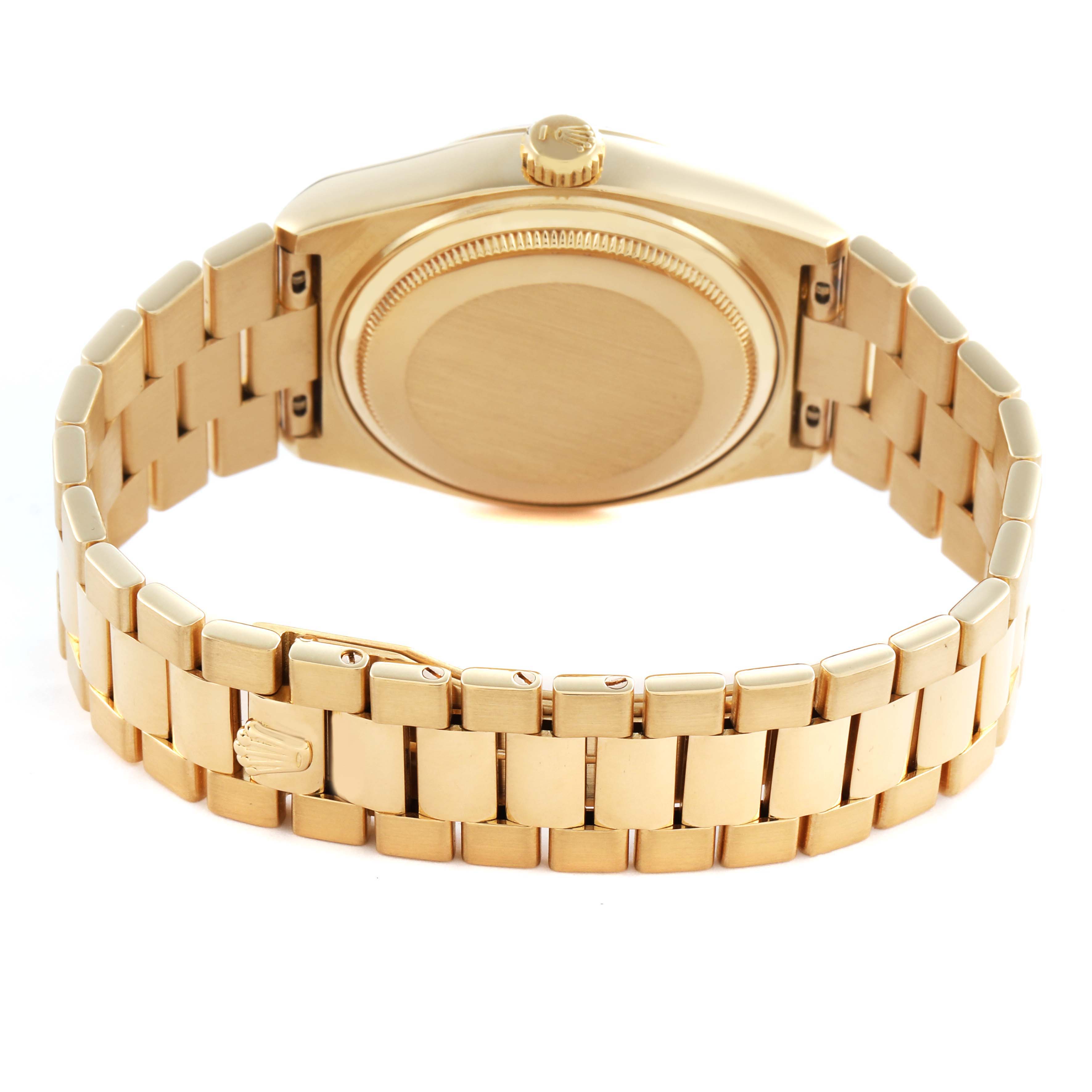 The image shows the back and bracelet of a Rolex Oysterquartz 19018 Men's Yellow Gold Champagne Dial 19018 Men's Yellow Gold Champagne Dial, angled to highlight the watch case, crown, and clasp detailing.