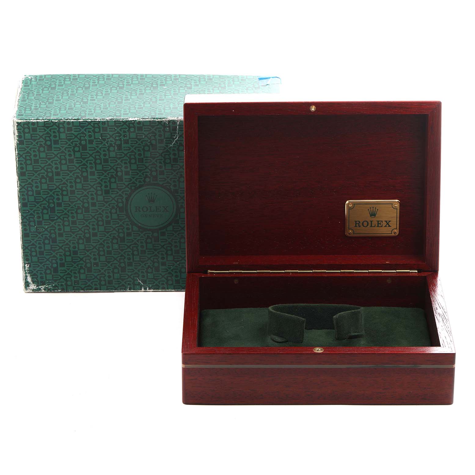 The image shows an open box for the Rolex Oysterquartz 19018 Men's Yellow Gold Champagne Dial 19018 Men's Yellow Gold Champagne Dial, with a green cushion inside and a separate outer box.