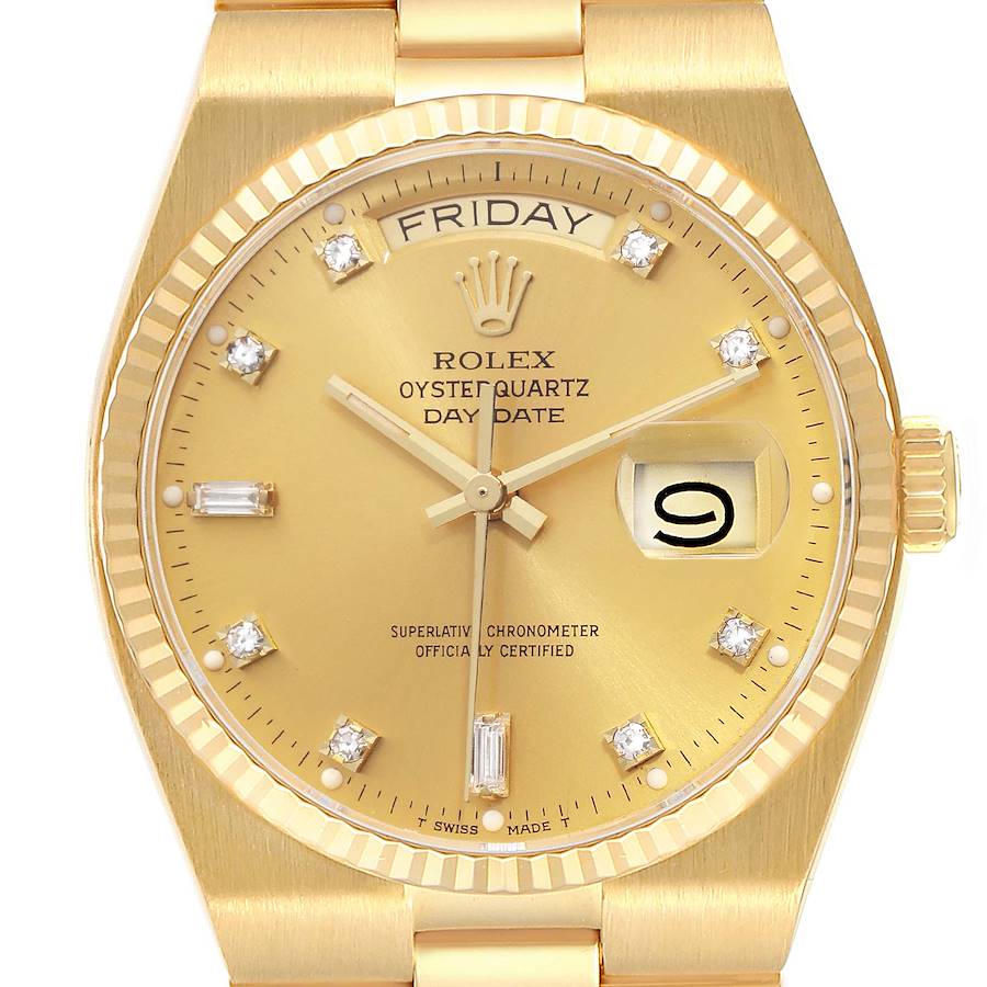 The Rolex Oysterquartz watch is shown from a front angle, highlighting the dial, crystal, indices, and gold case.