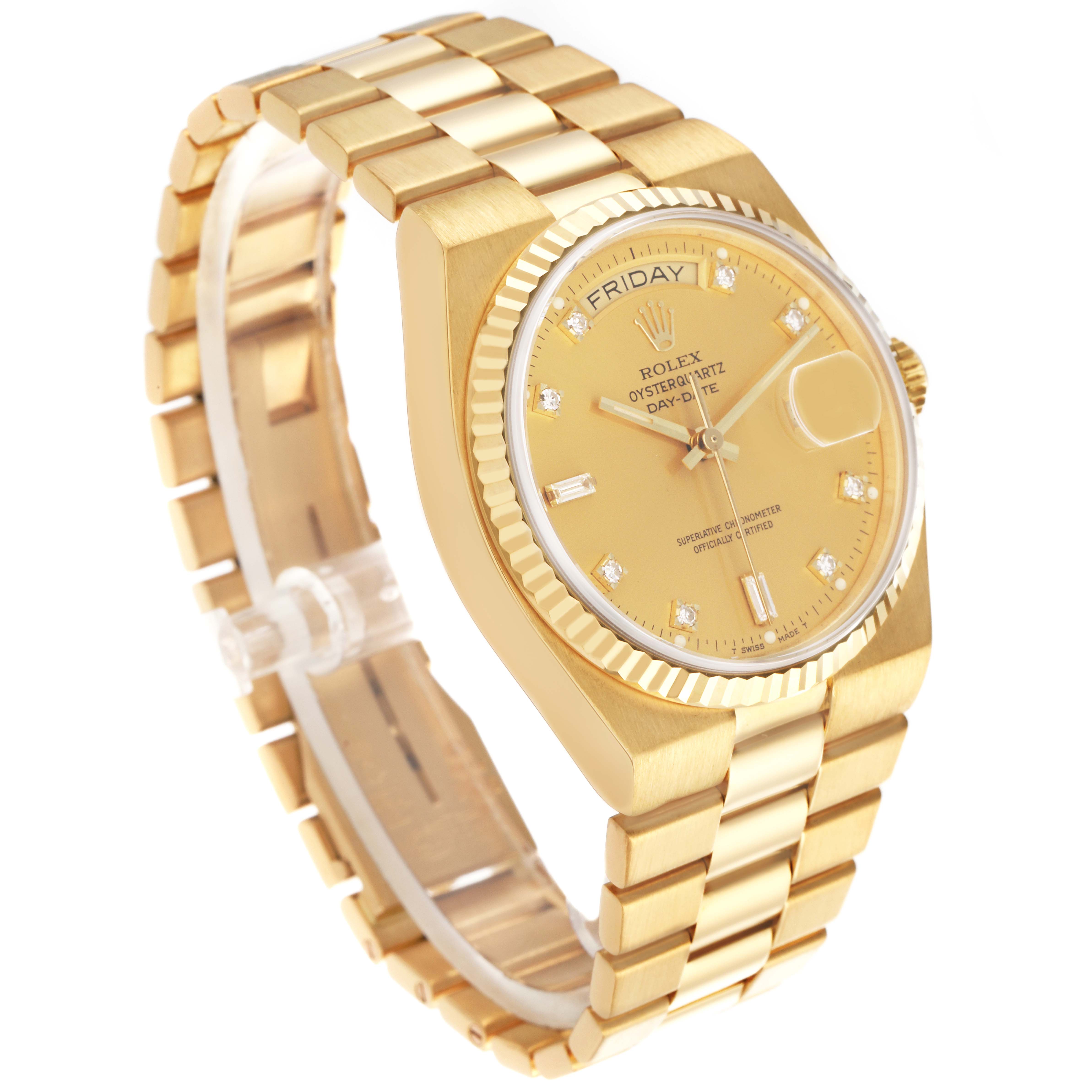 The Rolex Oysterquartz 19018 Men's Yellow Gold Champagne Dial 19018 Men's Yellow Gold Champagne Dial watch is shown at a slight angle, displaying the dial, bracelet, bezel, and crown.