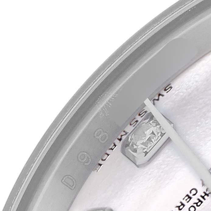The image shows a close-up of a Rolex President 179179 Women's White Gold Mother of Pearl Dial 179179 Women's White Gold Mother of Pearl Dial watch face, highlighting the edge detail, partial dial, and indices.