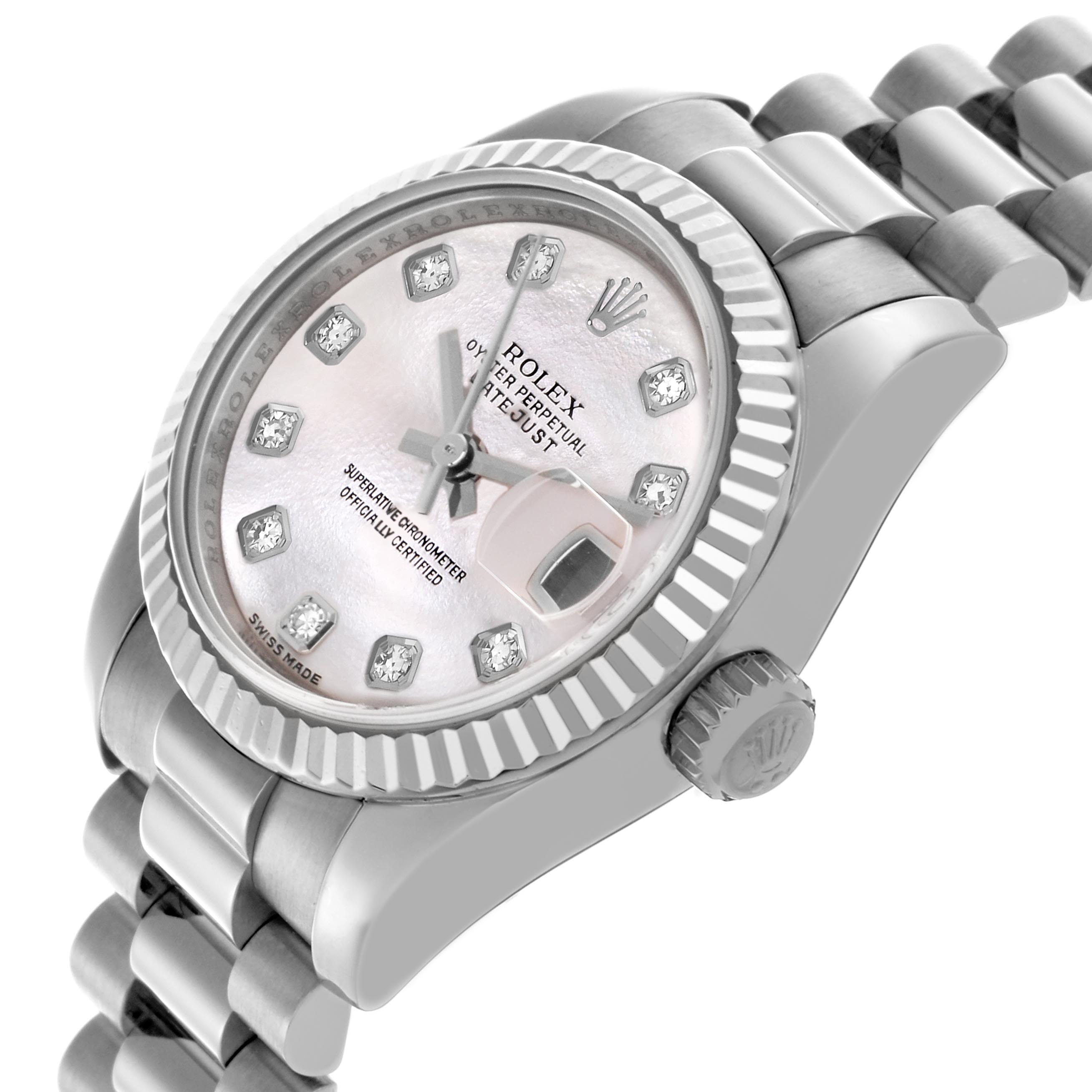 The image shows a side angle of a Rolex President 179179 Women's White Gold Mother of Pearl Dial 179179 Women's White Gold Mother of Pearl Dial model watch, highlighting the dial, bezel, crown, and part of the bracelet.