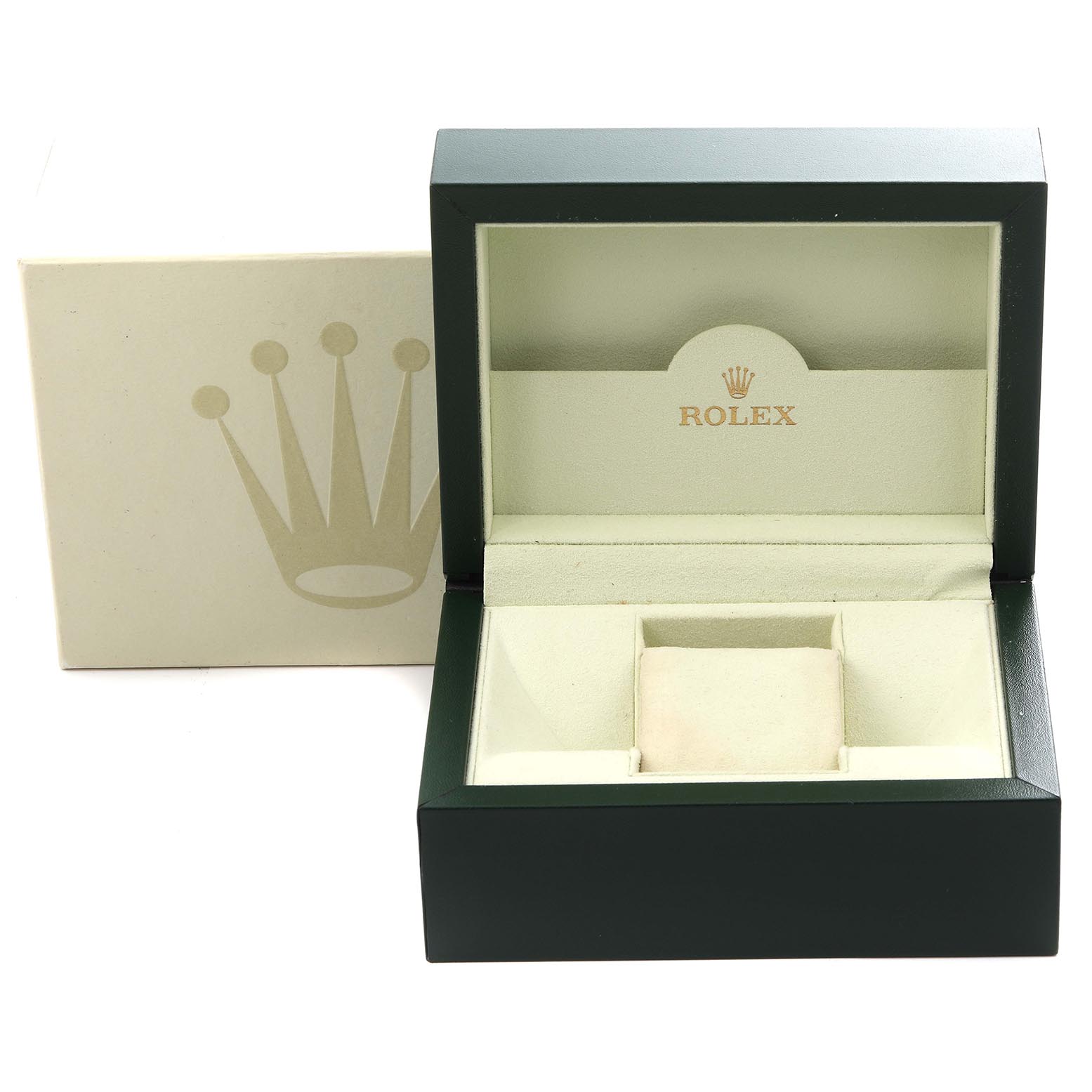 The image shows the Rolex President 179179 Women's White Gold Mother of Pearl Dial 179179 Women's White Gold Mother of Pearl Dial model's open watch box, displaying the interior cushion and logo.