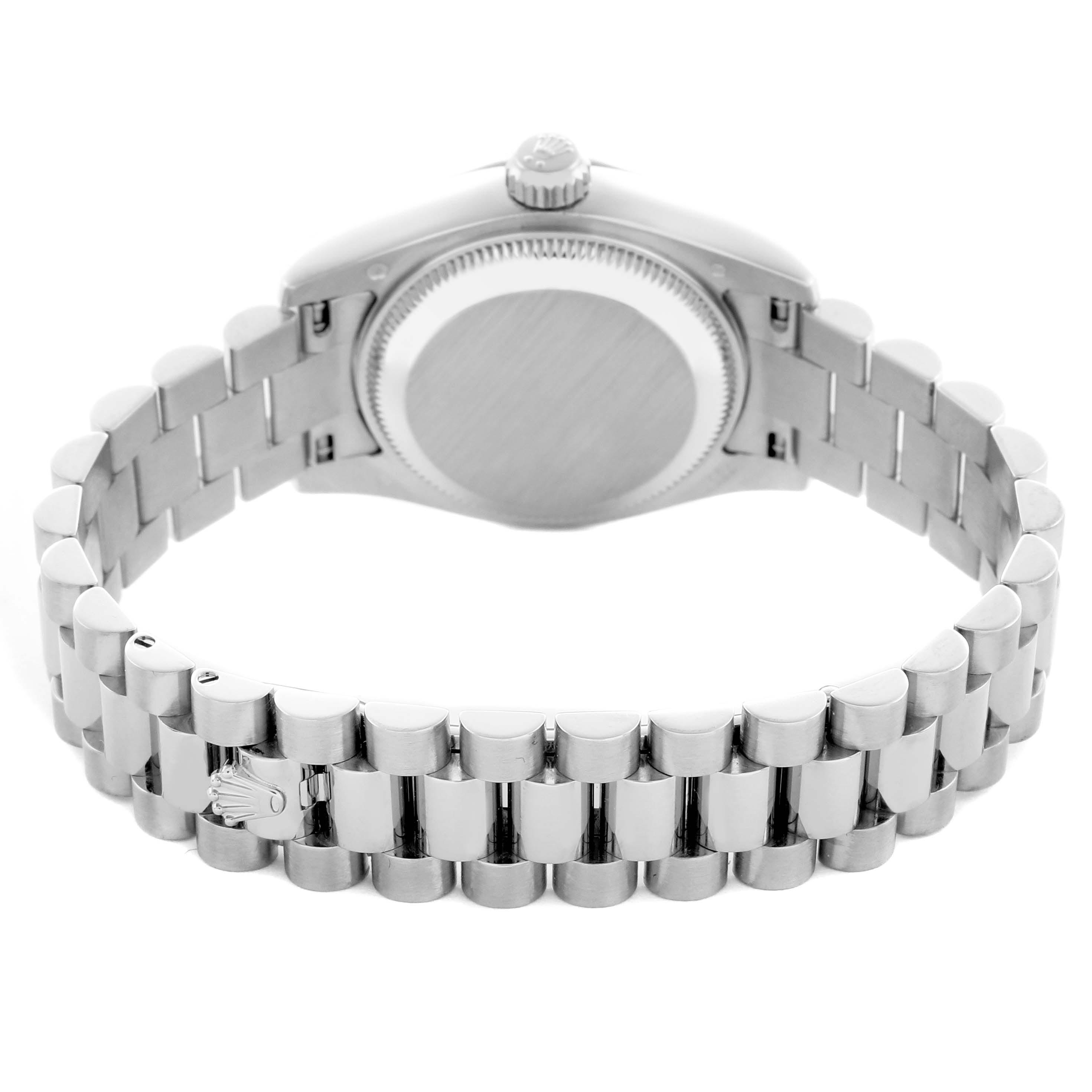 The image shows the back view of the Rolex President 179179 Women's White Gold Mother of Pearl Dial 179179 Women's White Gold Mother of Pearl Dial model, displaying the clasp and bracelet details.