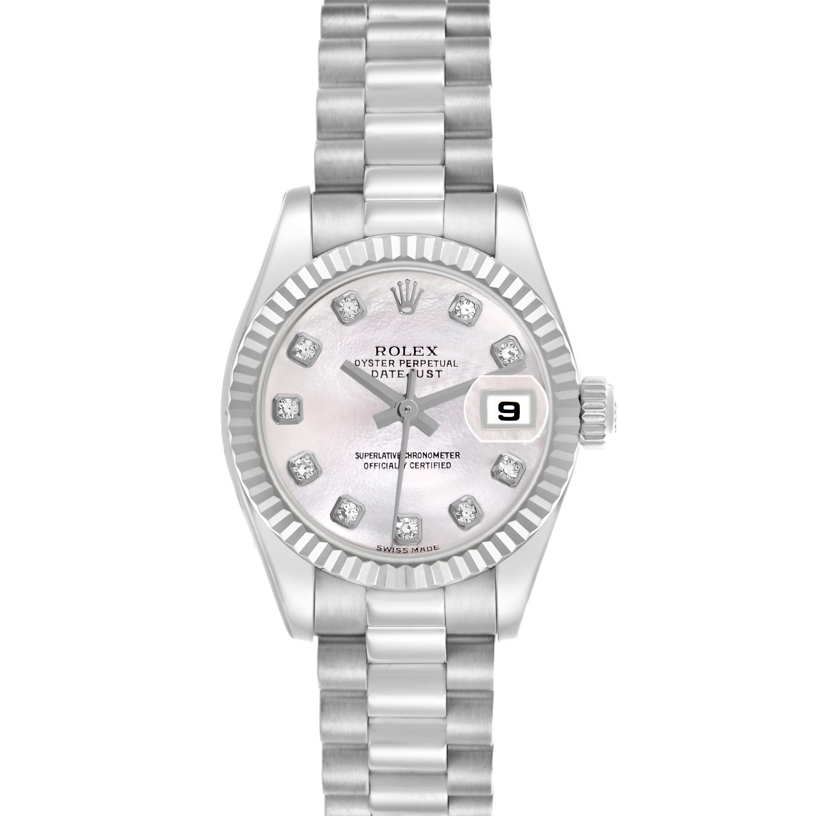 The Rolex President 179179 Women's White Gold Mother of Pearl Dial 179179 Women's White Gold Mother of Pearl Dial model is shown from a straight-on angle, displaying the dial, bezel, bracelet, and date feature.