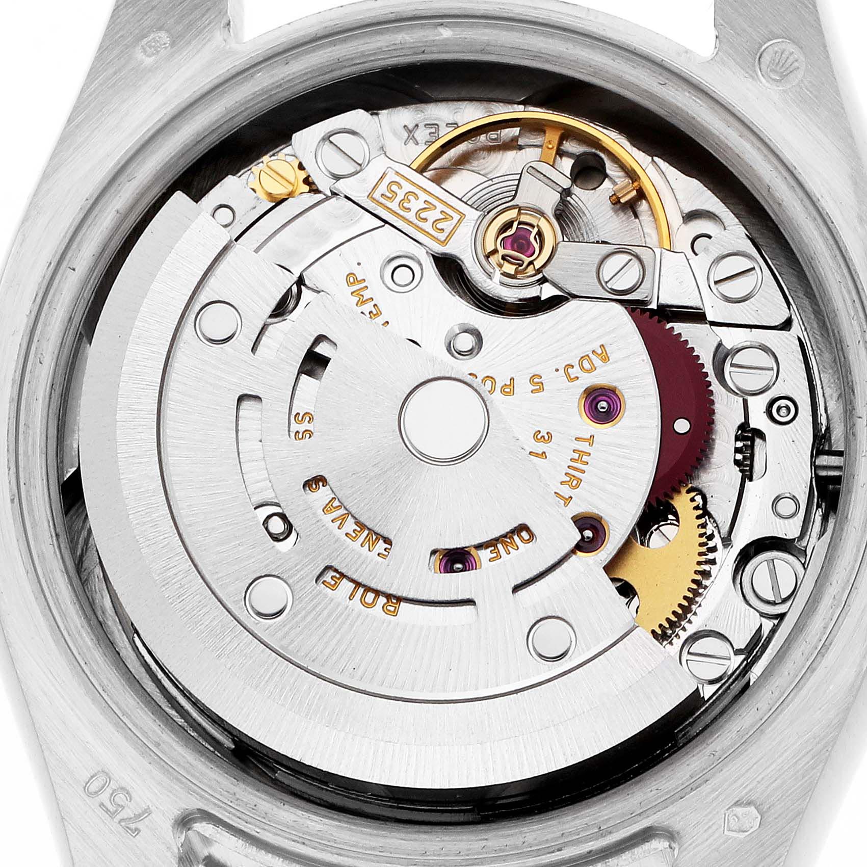 The image shows the movement and internal components of a Rolex President 179179 Women's White Gold Mother of Pearl Dial 179179 Women's White Gold Mother of Pearl Dial watch from a top-down angle.