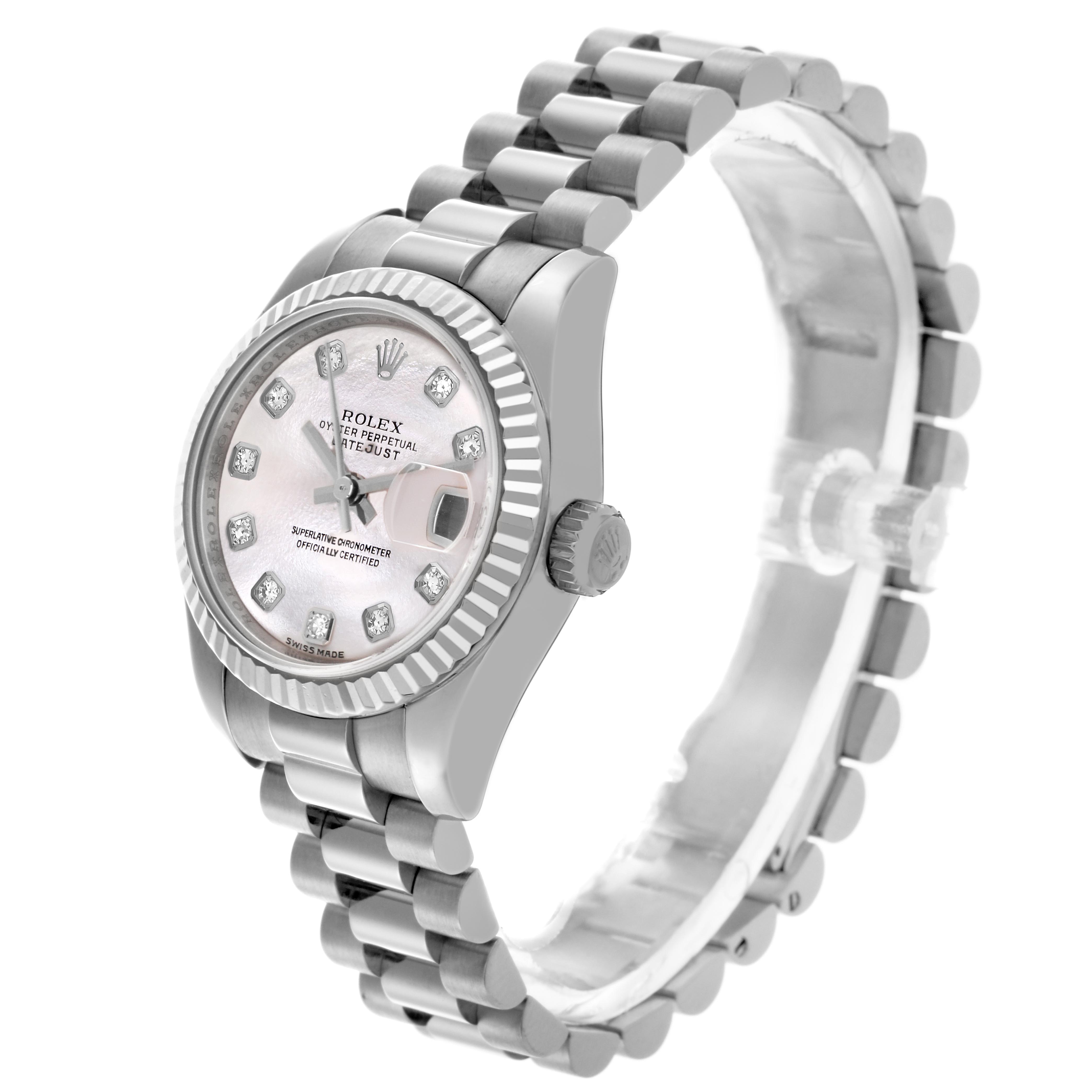 The Rolex President 179179 Women's White Gold Mother of Pearl Dial 179179 Women's White Gold Mother of Pearl Dial model is shown at an angled view, highlighting the face, bracelet, and crown.