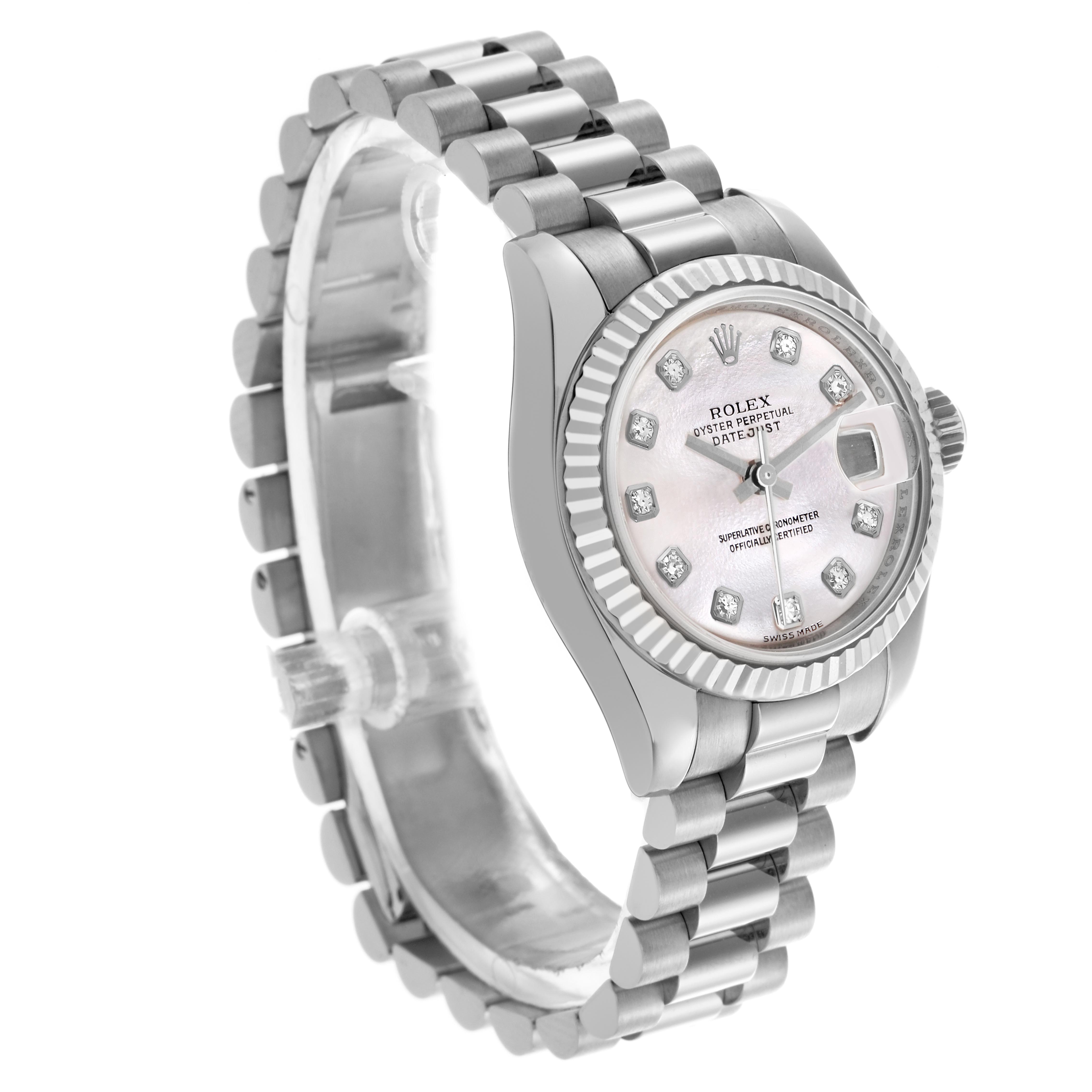 The Rolex President 179179 Women's White Gold Mother of Pearl Dial 179179 Women's White Gold Mother of Pearl Dial model is shown at a three-quarter angle, displaying the dial, bracelet, bezel, and crown.