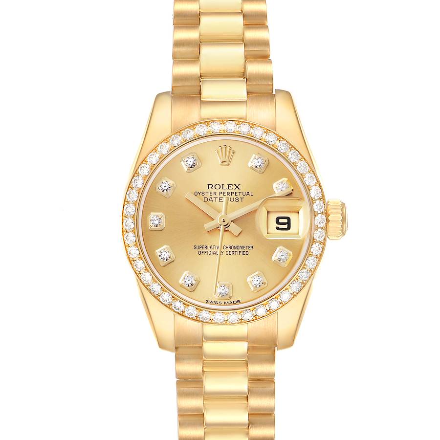 The Rolex President model watch is shown from a top-down angle, displaying its gold bracelet, diamond bezel, and date feature.