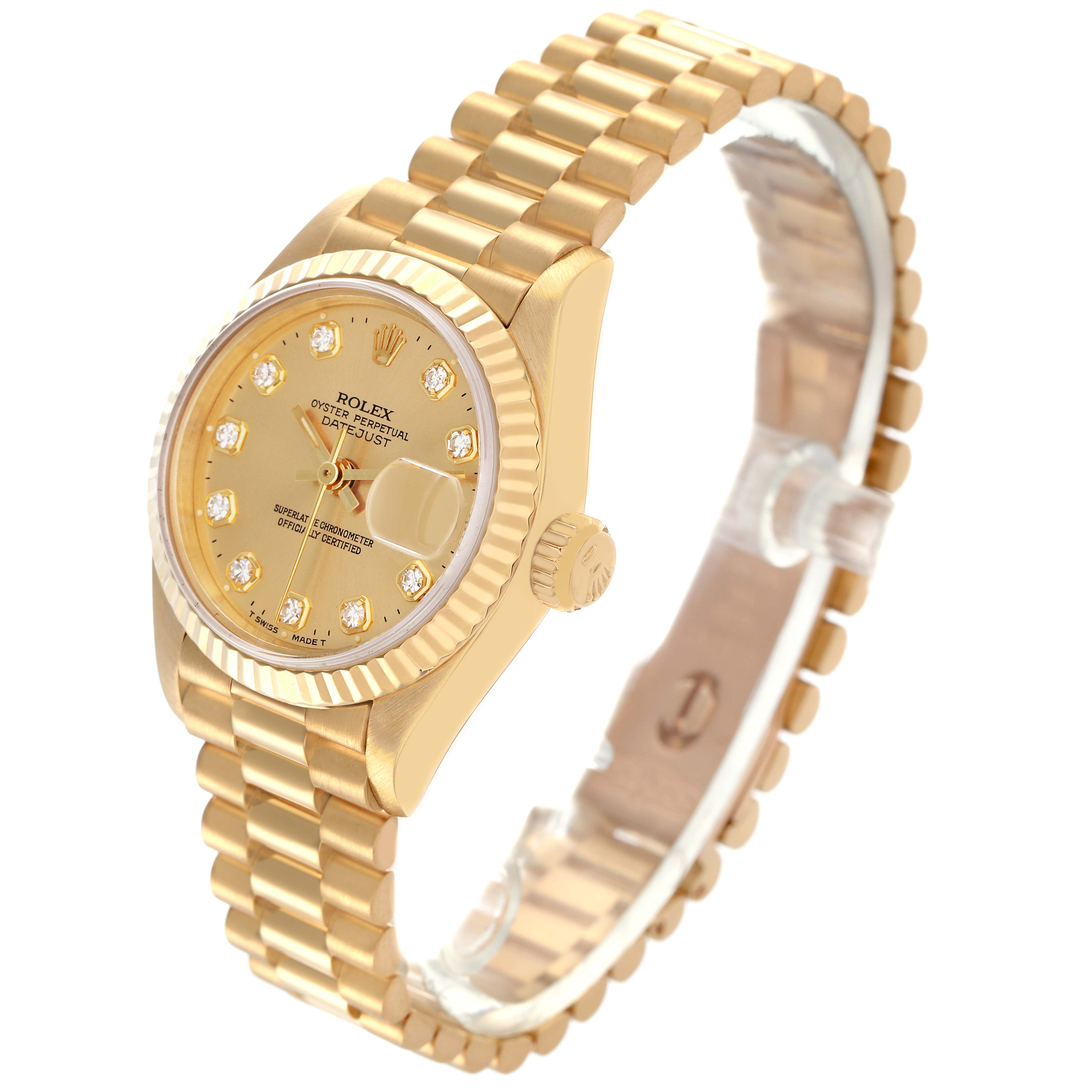 The Rolex President 69178 Women
s Yellow Gold Champagne Dial 69178 Women
s Yellow Gold Champagne Dial model is shown from a side angle, highlighting the bracelet, bezel, and diamond-accented dial.