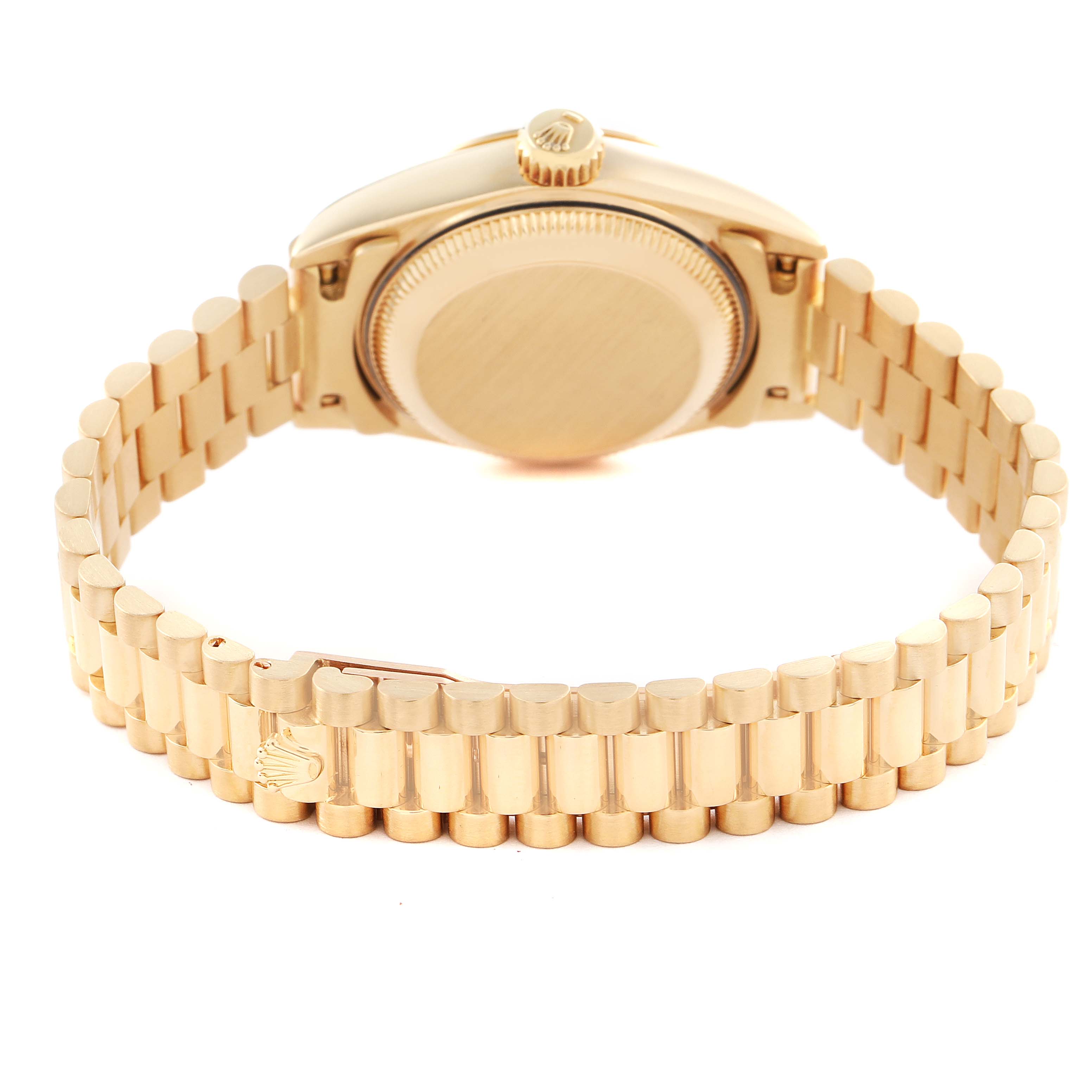 The image shows the back of a gold Rolex President 69178 Women
s Yellow Gold Champagne Dial 69178 Women
s Yellow Gold Champagne Dial watch, highlighting its bracelet, clasp, case back, and crown.