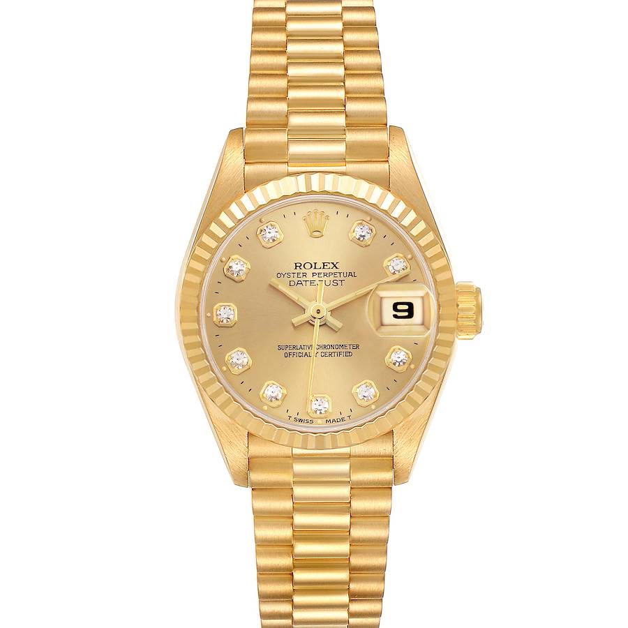 The Rolex President model is displayed from a top-down angle, showcasing the entire watch face, bracelet, and crown.