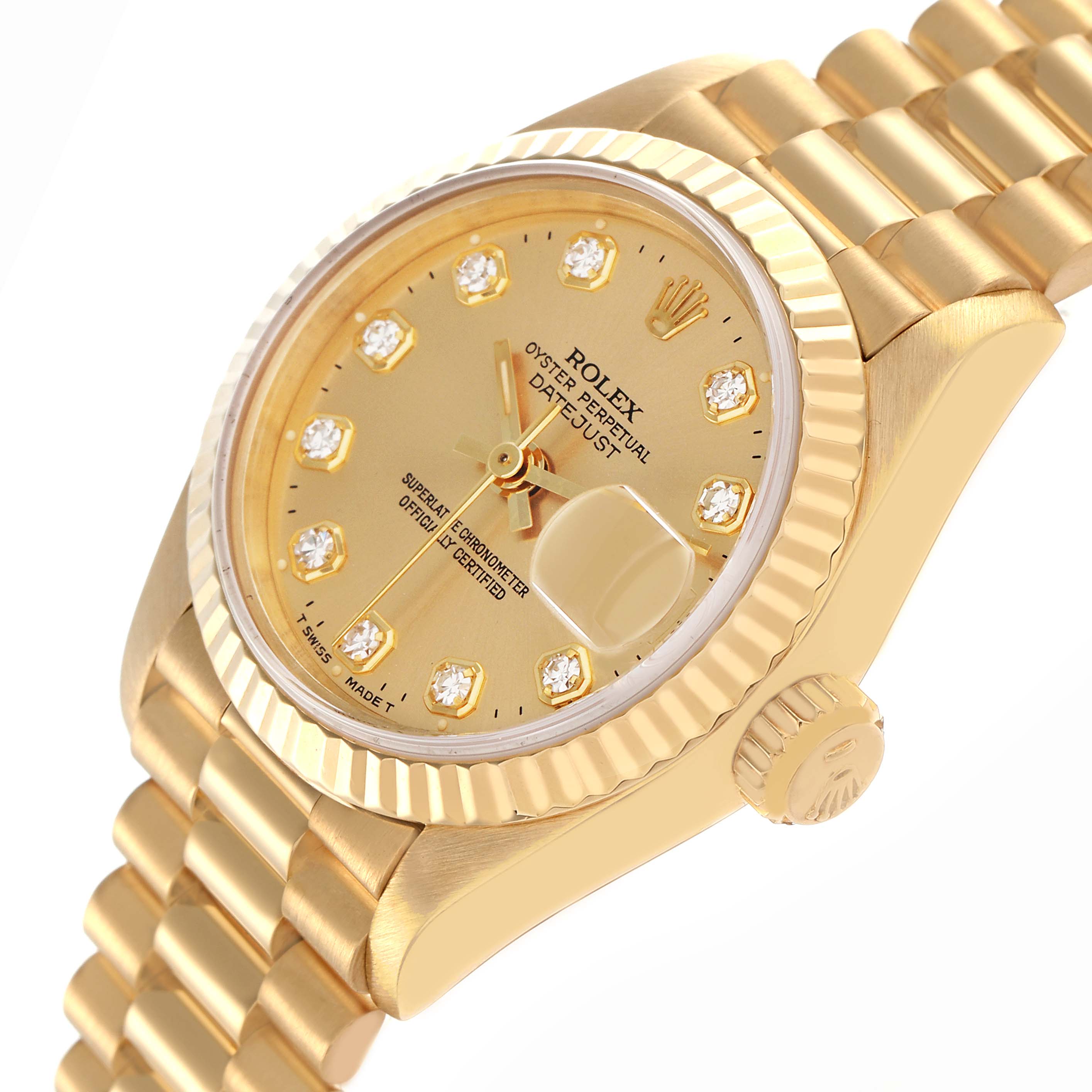 The Rolex President 69178 Women
s Yellow Gold Champagne Dial 69178 Women
s Yellow Gold Champagne Dial watch is shown from a side angle, highlighting the dial, bezel, crown, and part of the bracelet.