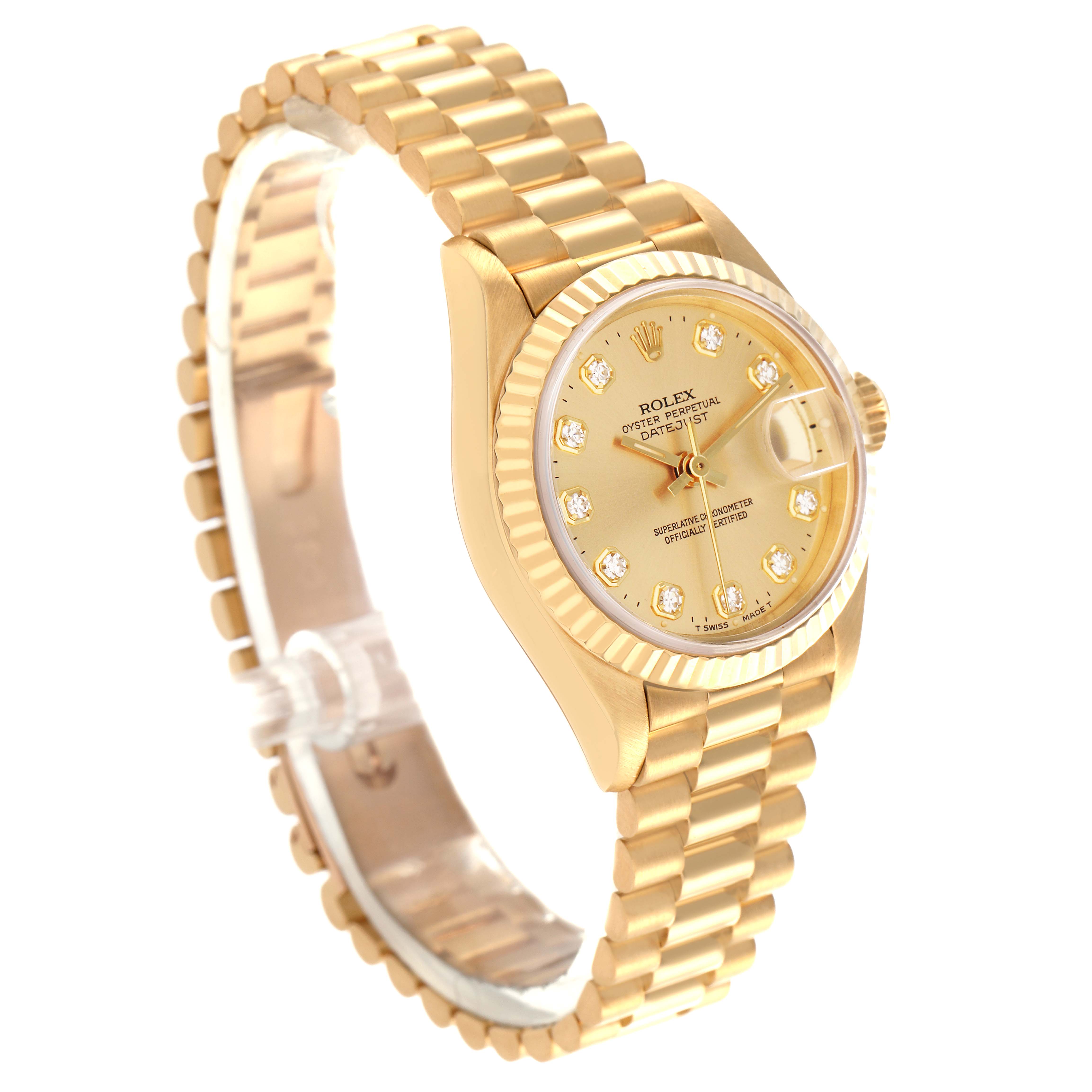 The Rolex President 69178 Women
s Yellow Gold Champagne Dial 69178 Women
s Yellow Gold Champagne Dial model watch is shown at a slight angle displaying the face, bezel, and part of the bracelet.