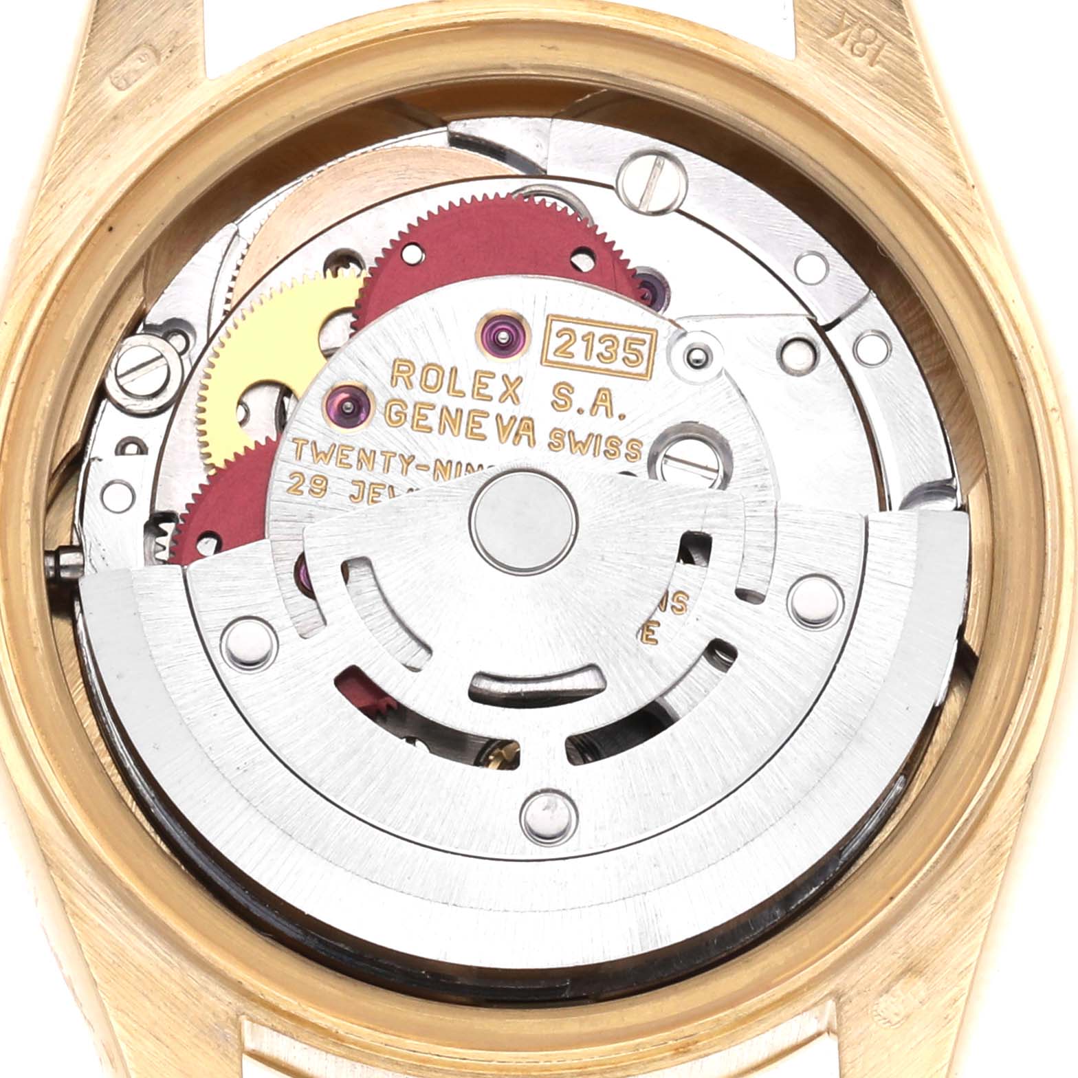 The image shows the inner movement mechanism of a Rolex President 69178 Women
s Yellow Gold Champagne Dial 69178 Women
s Yellow Gold Champagne Dial watch from a top-down angle.
