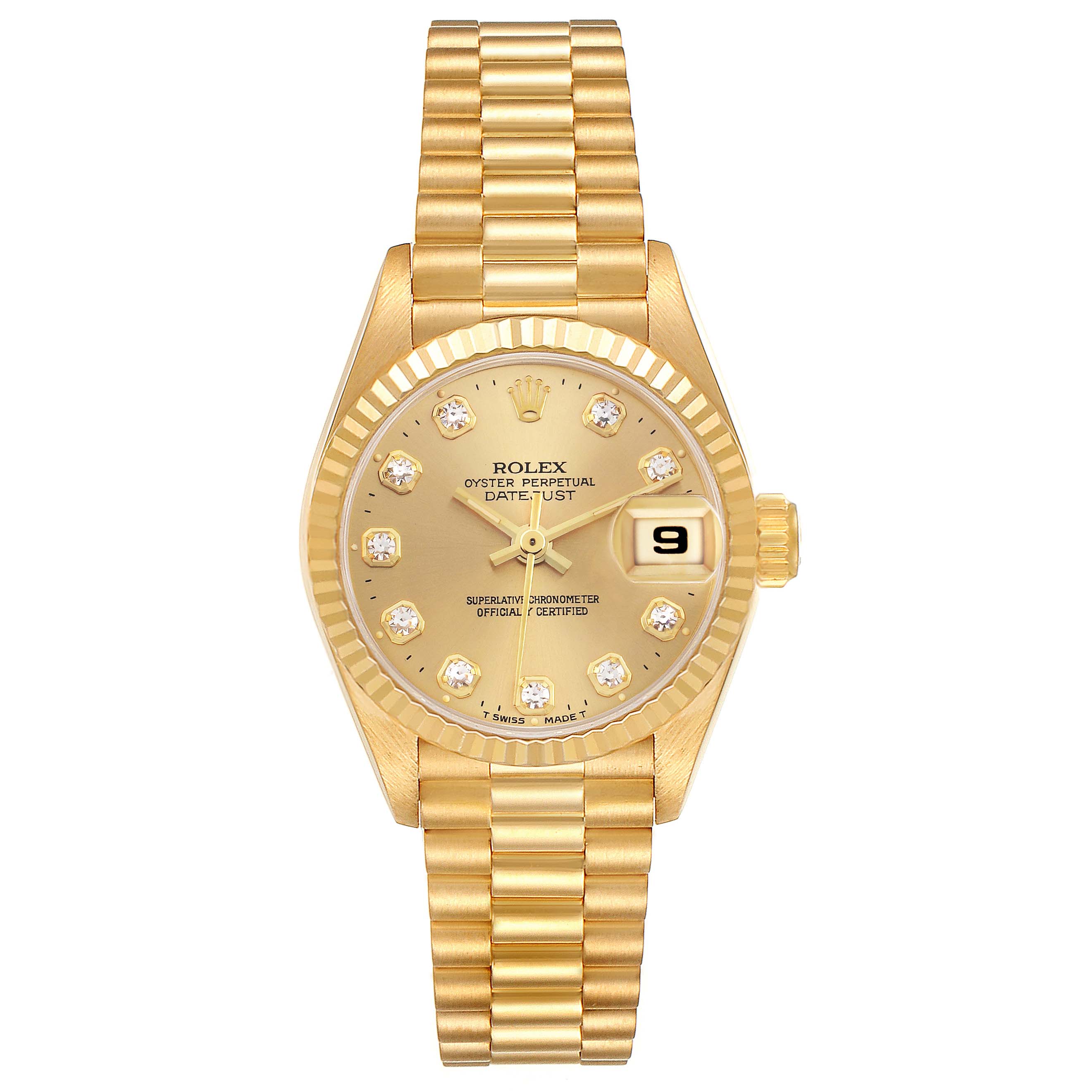 The Rolex President 69178 Women
s Yellow Gold Champagne Dial 69178 Women
s Yellow Gold Champagne Dial model watch is shown from a top-down angle, displaying the face, bezel, crown, and bracelet.