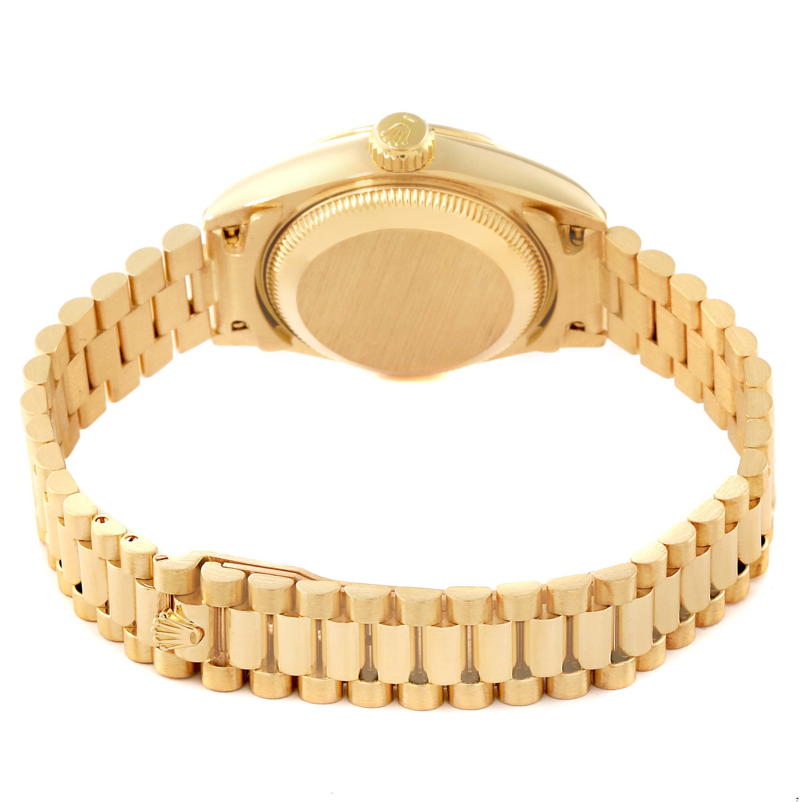 This is a rear view of a Rolex President 69258 Women's Yellow Gold Mother of Pearl Dial 69258 Women's Yellow Gold Mother of Pearl Dial model watch, showing the case back, crown, and bracelet.