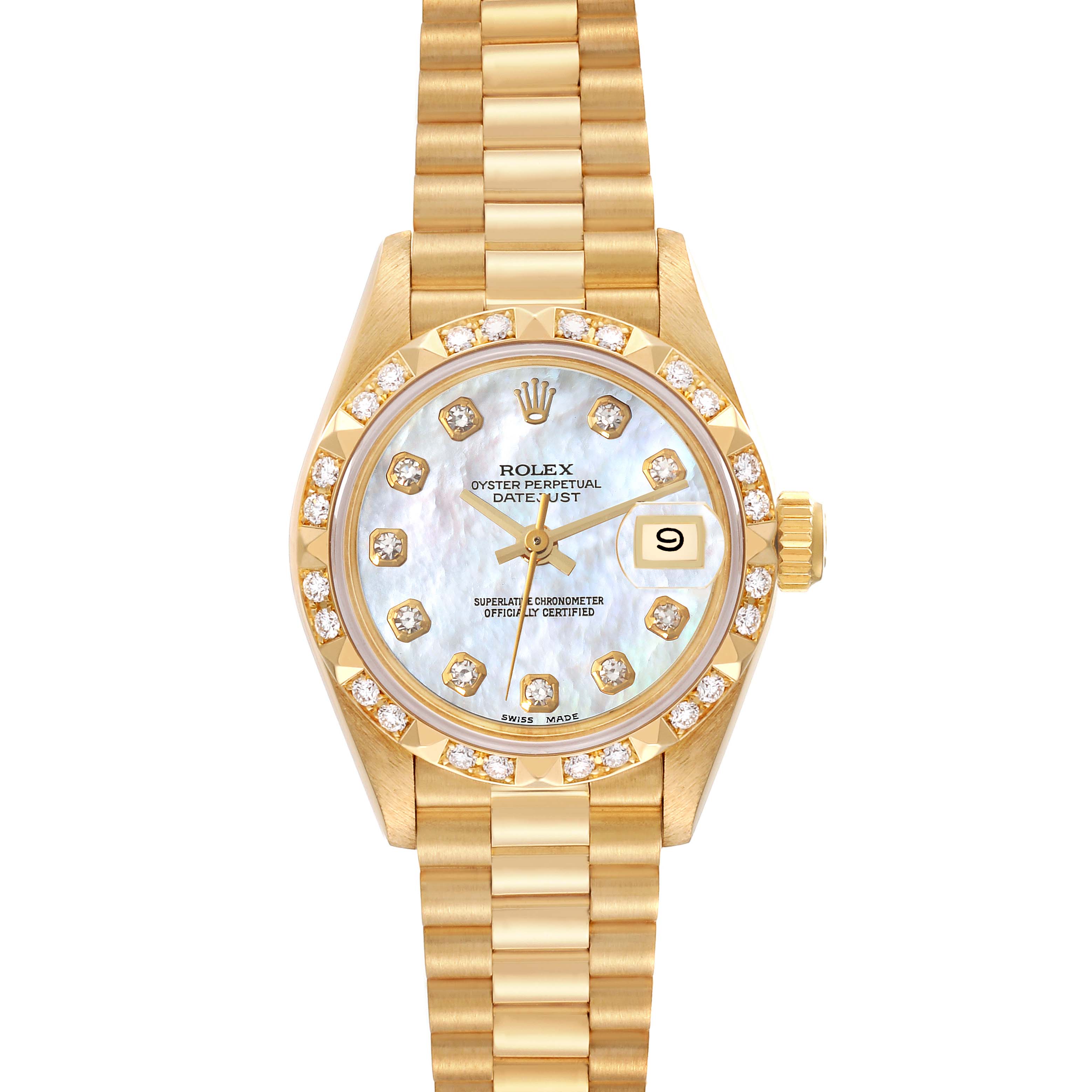 This image shows a front view of a Rolex President 69258 Women's Yellow Gold Mother of Pearl Dial 69258 Women's Yellow Gold Mother of Pearl Dial model watch, highlighting the dial, bezel, and bracelet.