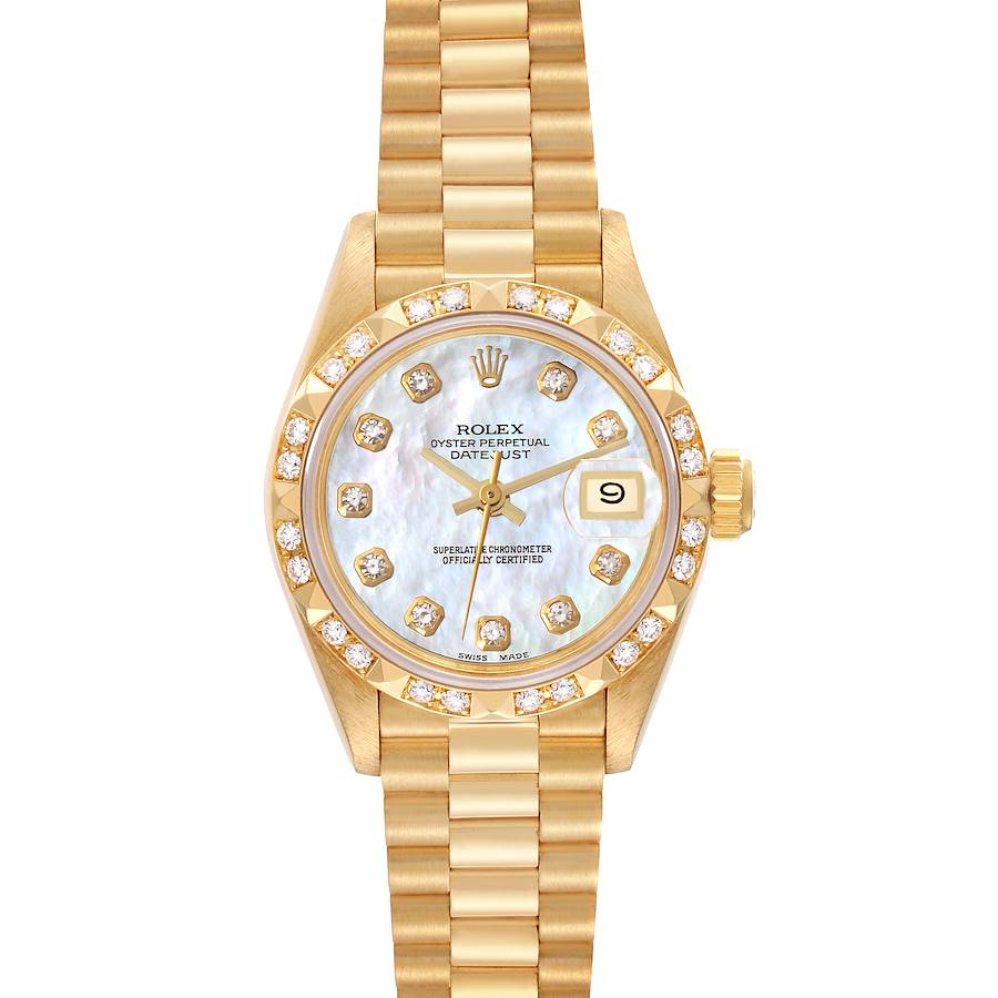 Rolex President Datejust Yellow Gold Pyramid Diamond Bezel Watch 69258 SwissWatchExpo