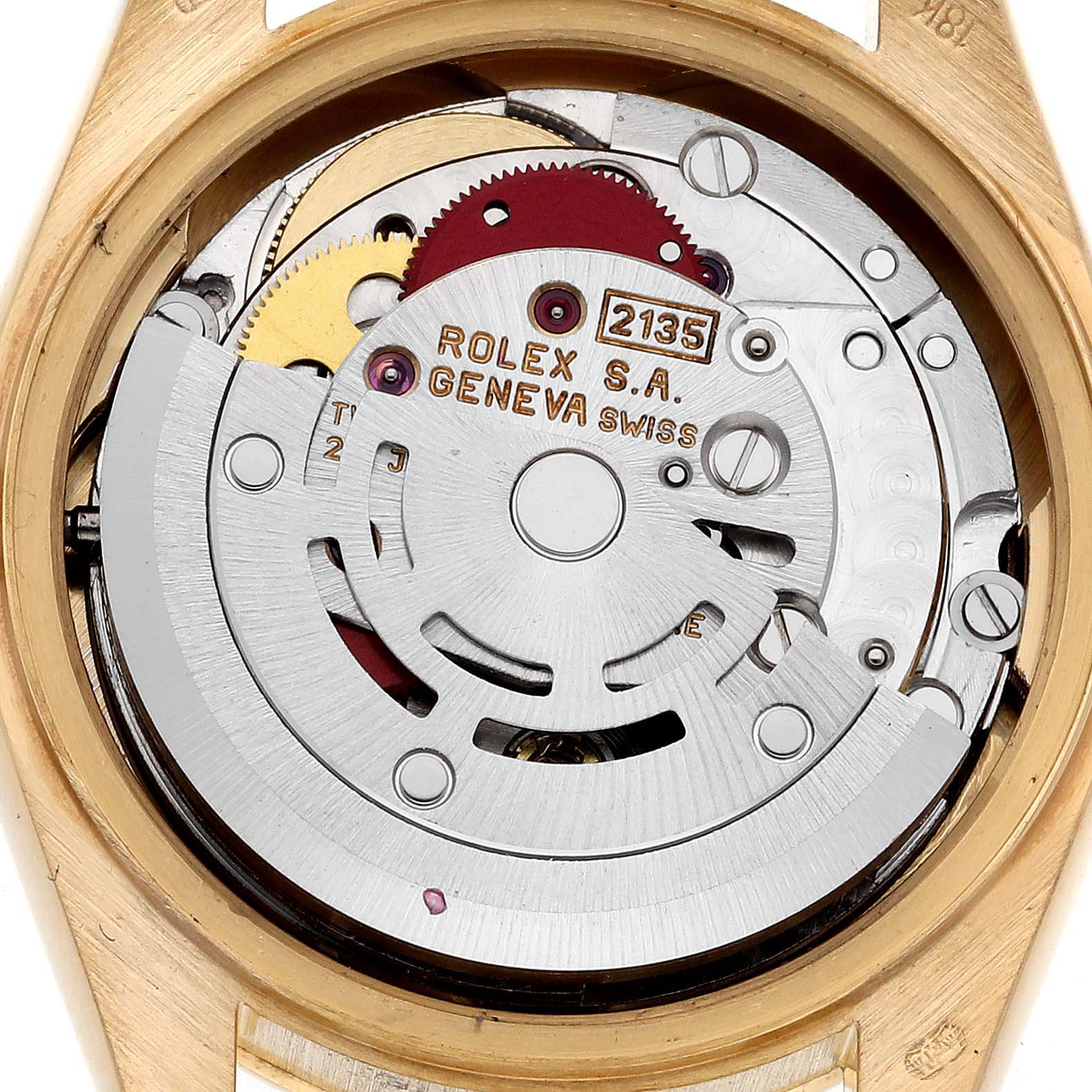 This is a close-up view of the internal movement mechanism of a Rolex President 69258 Women's Yellow Gold Mother of Pearl Dial 69258 Women's Yellow Gold Mother of Pearl Dial model watch.