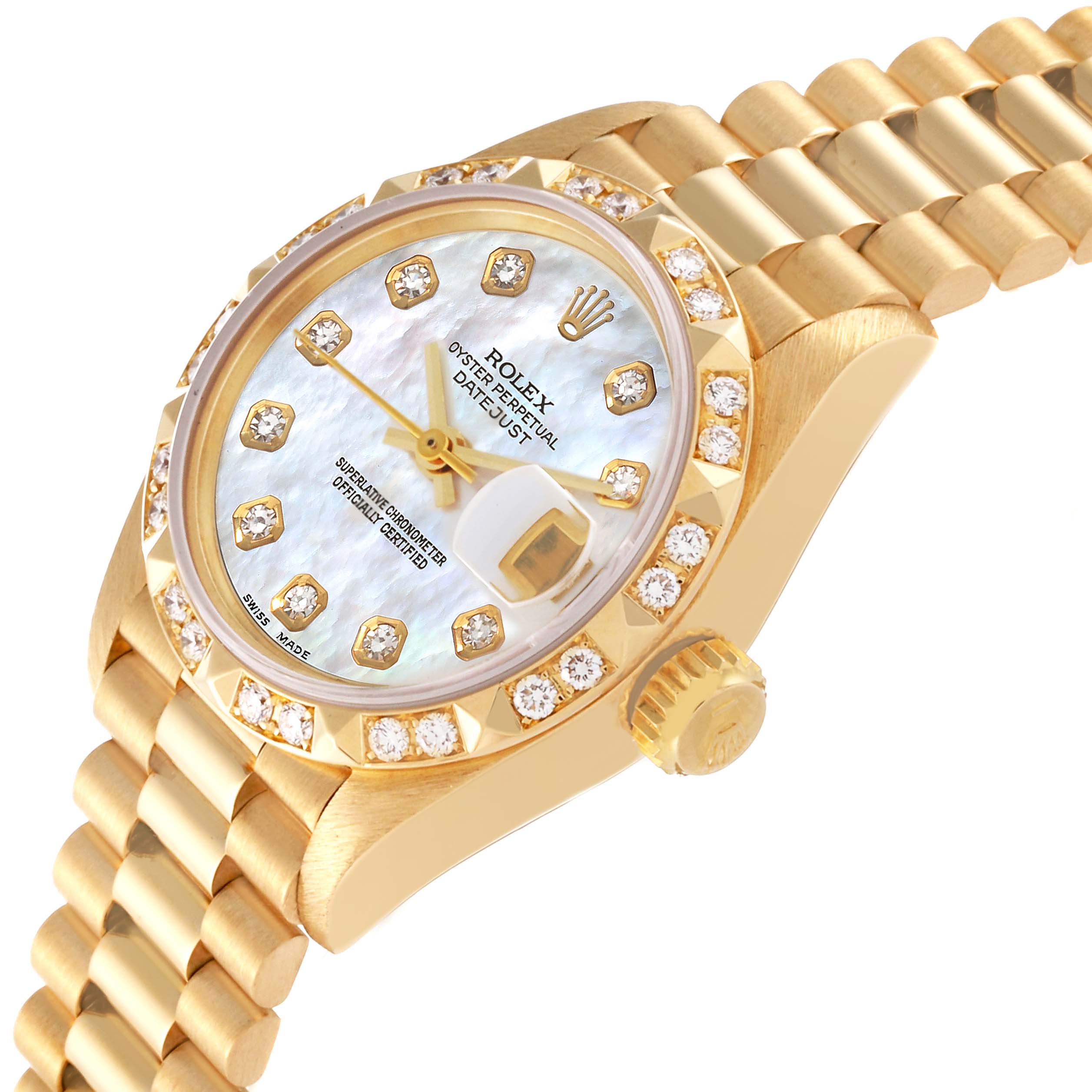 The image shows an angled view of a Rolex President 69258 Women's Yellow Gold Mother of Pearl Dial 69258 Women's Yellow Gold Mother of Pearl Dial model watch, highlighting the face, bezel, and bracelet.