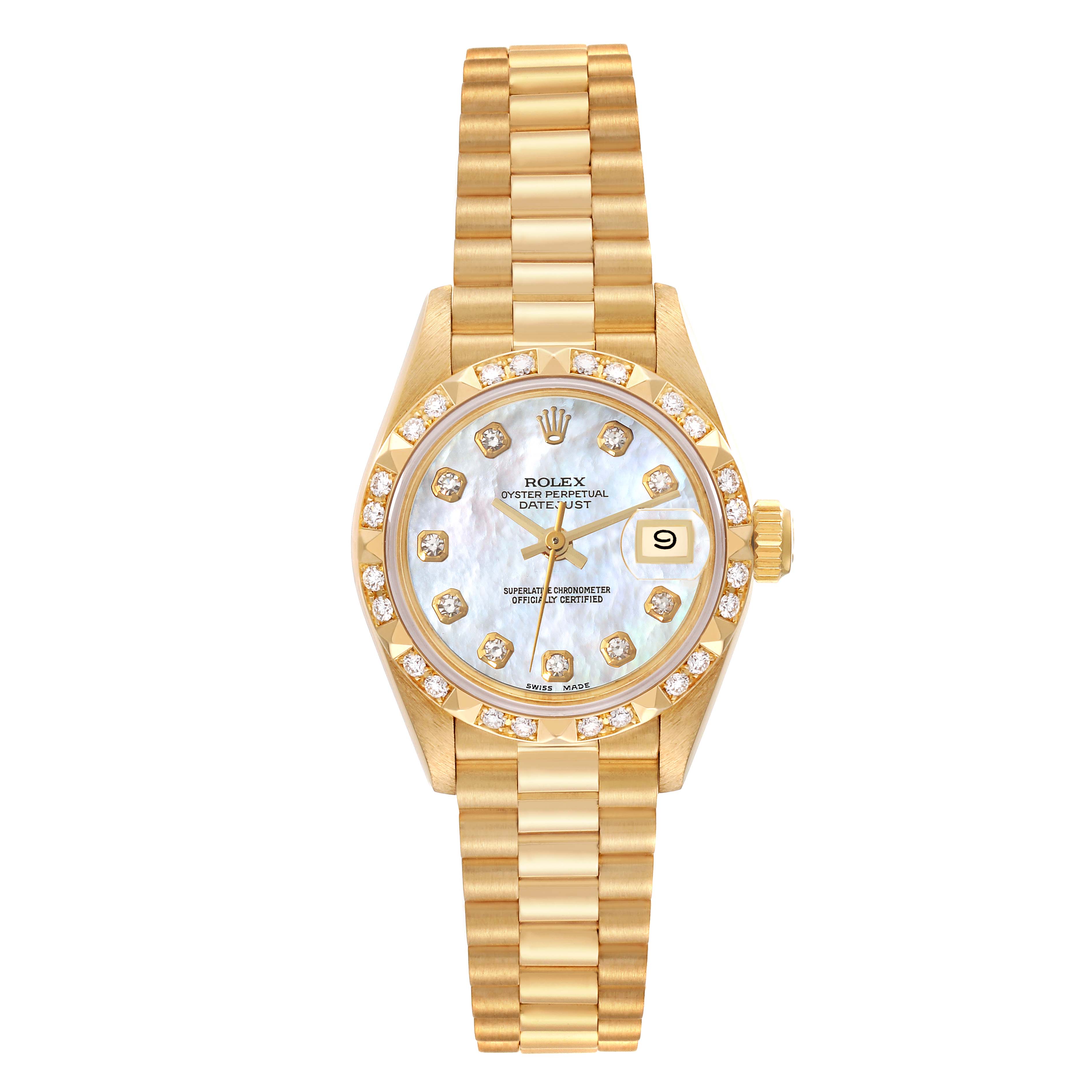 The image shows a front view of a Rolex President 69258 Women's Yellow Gold Mother of Pearl Dial 69258 Women's Yellow Gold Mother of Pearl Dial model watch, highlighting its gold bracelet, diamond bezel, and date function.