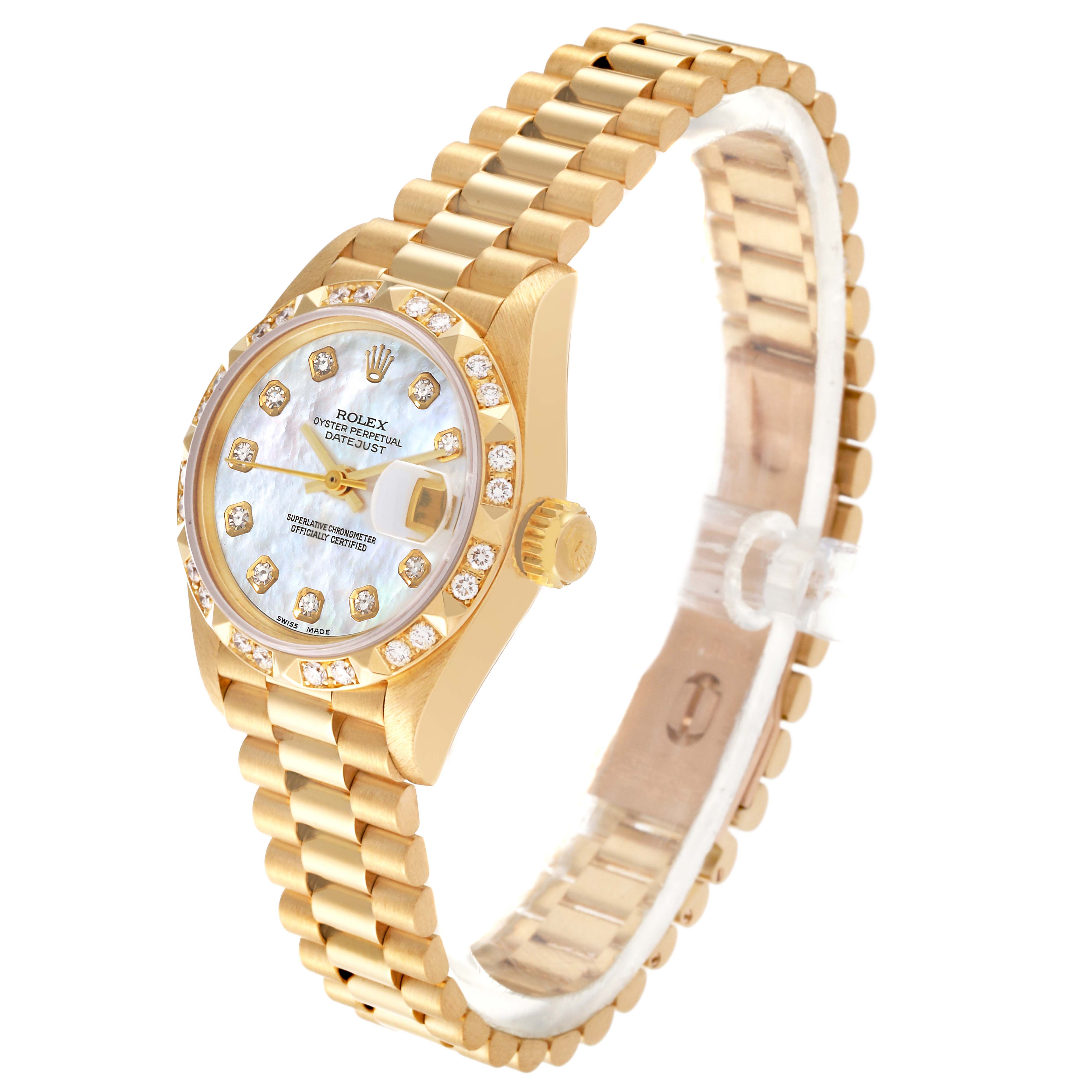 The image shows a side angle of the Rolex President 69258 Women's Yellow Gold Mother of Pearl Dial 69258 Women's Yellow Gold Mother of Pearl Dial watch, highlighting its gold bracelet, diamond-studded bezel, and face.