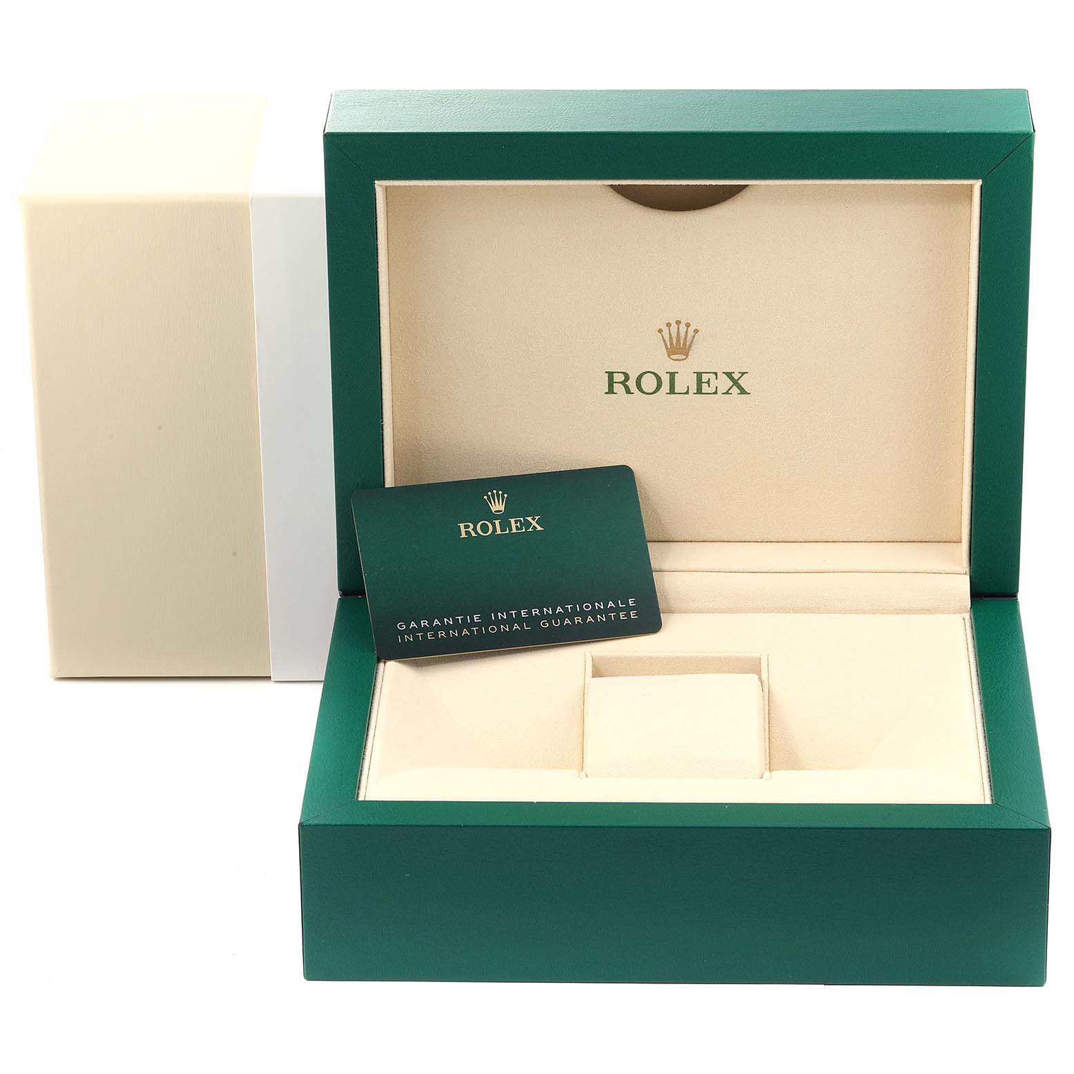 The image shows an open Rolex box for the President model, displaying the interior and warranty card.