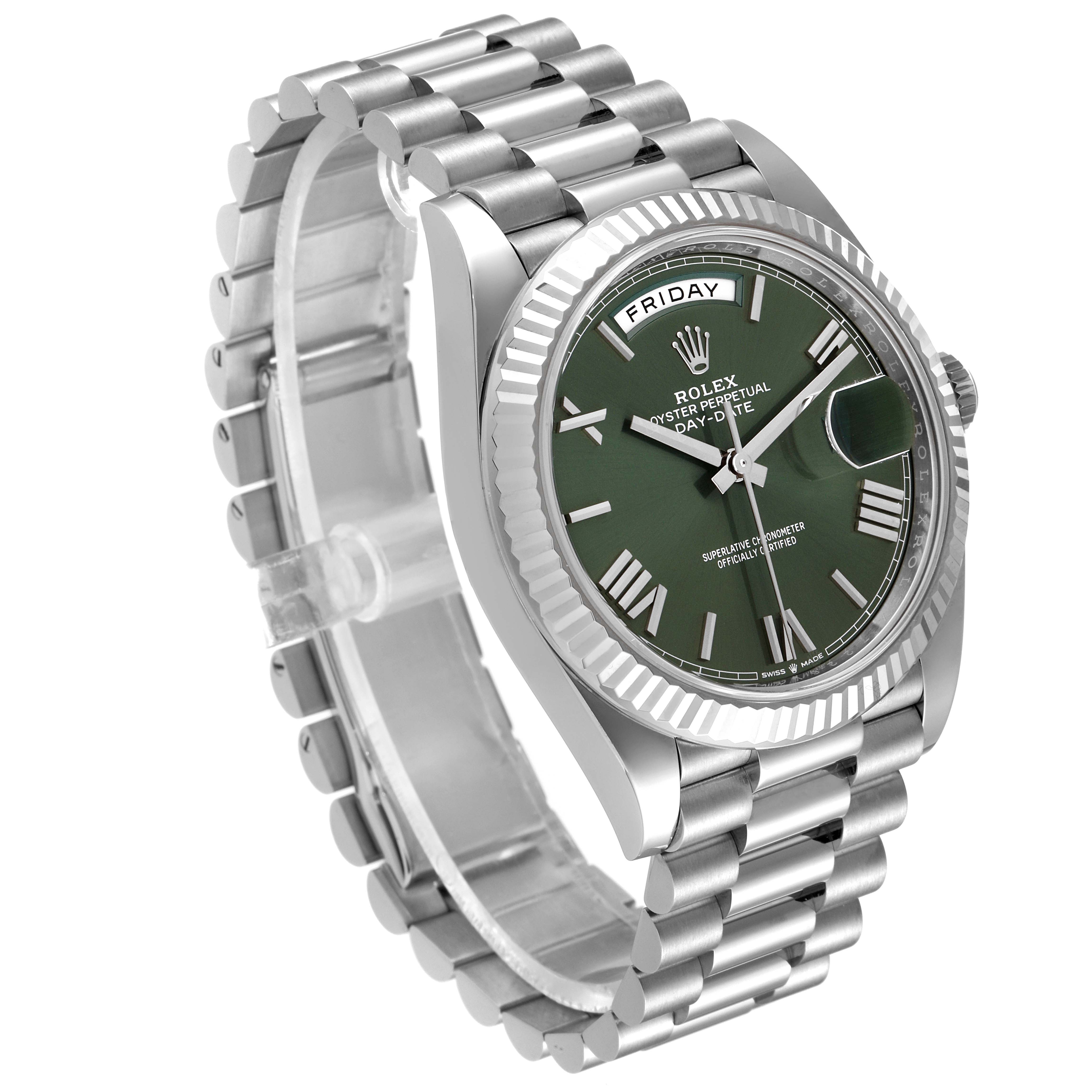 The image shows a Rolex President 228239 Men's White Gold Green Dial 228239 Men's White Gold Green Dial model watch, angled to highlight the dial, bezel, and bracelet.