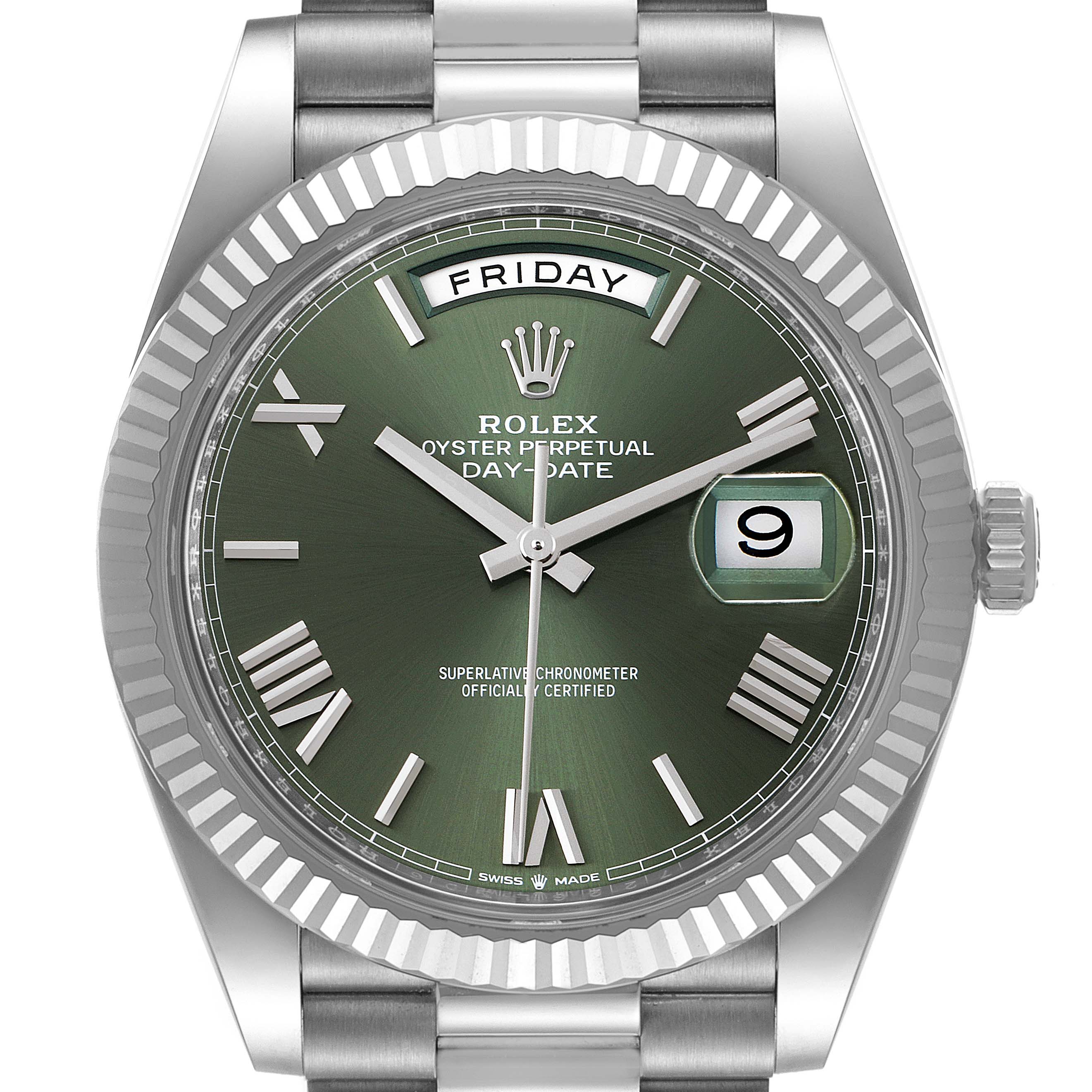 The image shows a Rolex President 228239 Men's White Gold Green Dial 228239 Men's White Gold Green Dial Day-Date model watch with a green dial, day and date windows, and a fluted bezel.