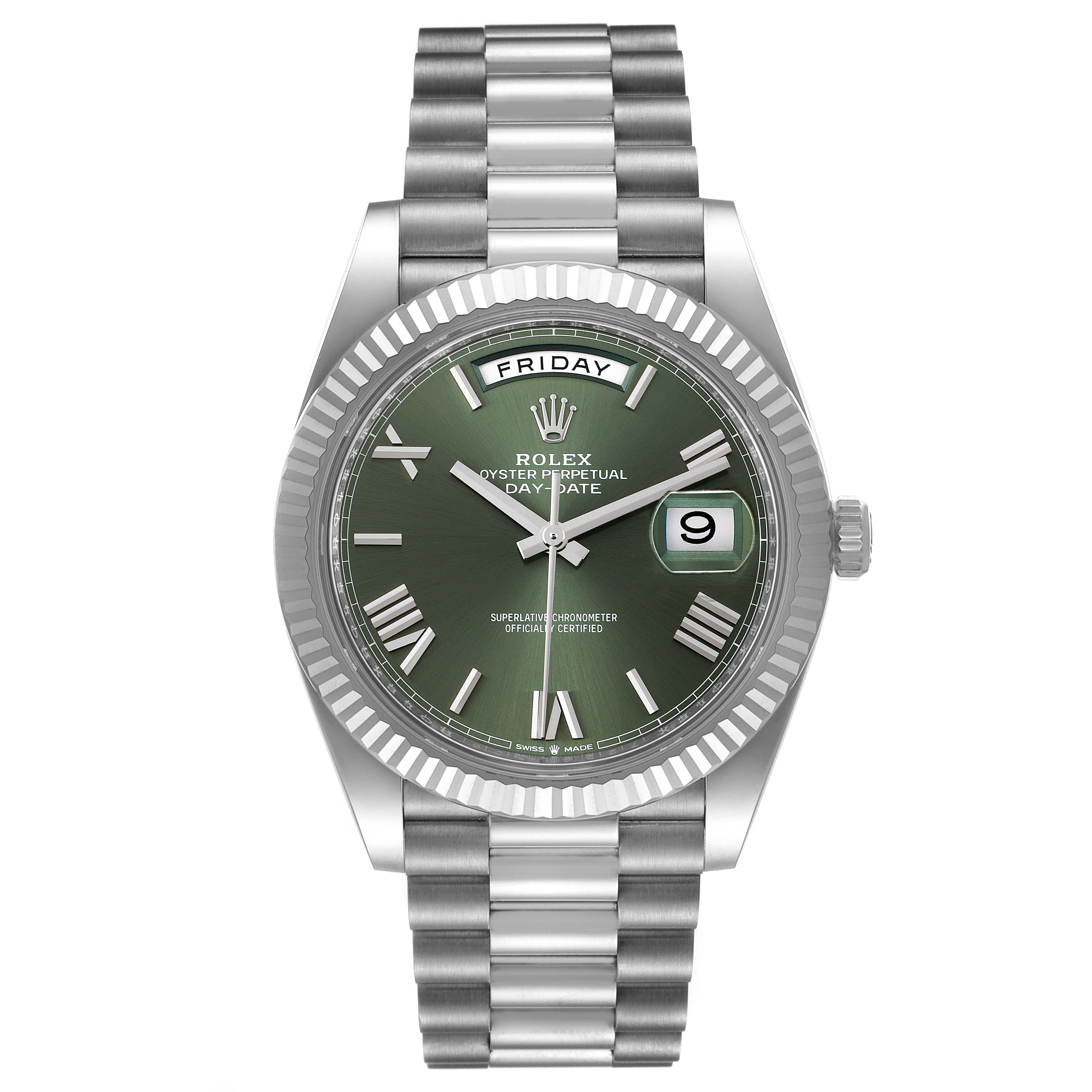 The Rolex President 228239 Men's White Gold Green Dial 228239 Men's White Gold Green Dial model watch is shown from a front angle, highlighting the dial, bezel, and bracelet.