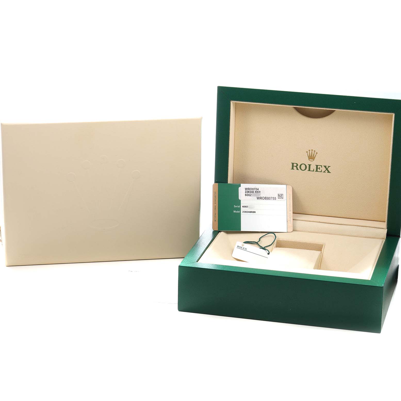 The image shows the packaging and accessories for a Rolex President 228348 Men's Yellow Gold Champagne Dial model, including the box, card, and tag.