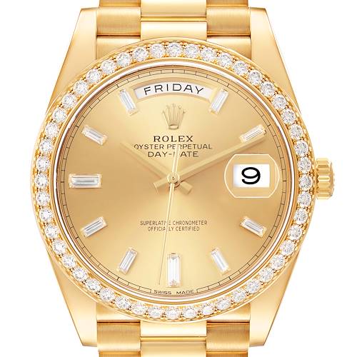 This Rolex President 228348 Men's Yellow Gold Champagne Dial model watch is shown from a frontal angle, highlighting its gold case, diamond bezel, and day-date display.