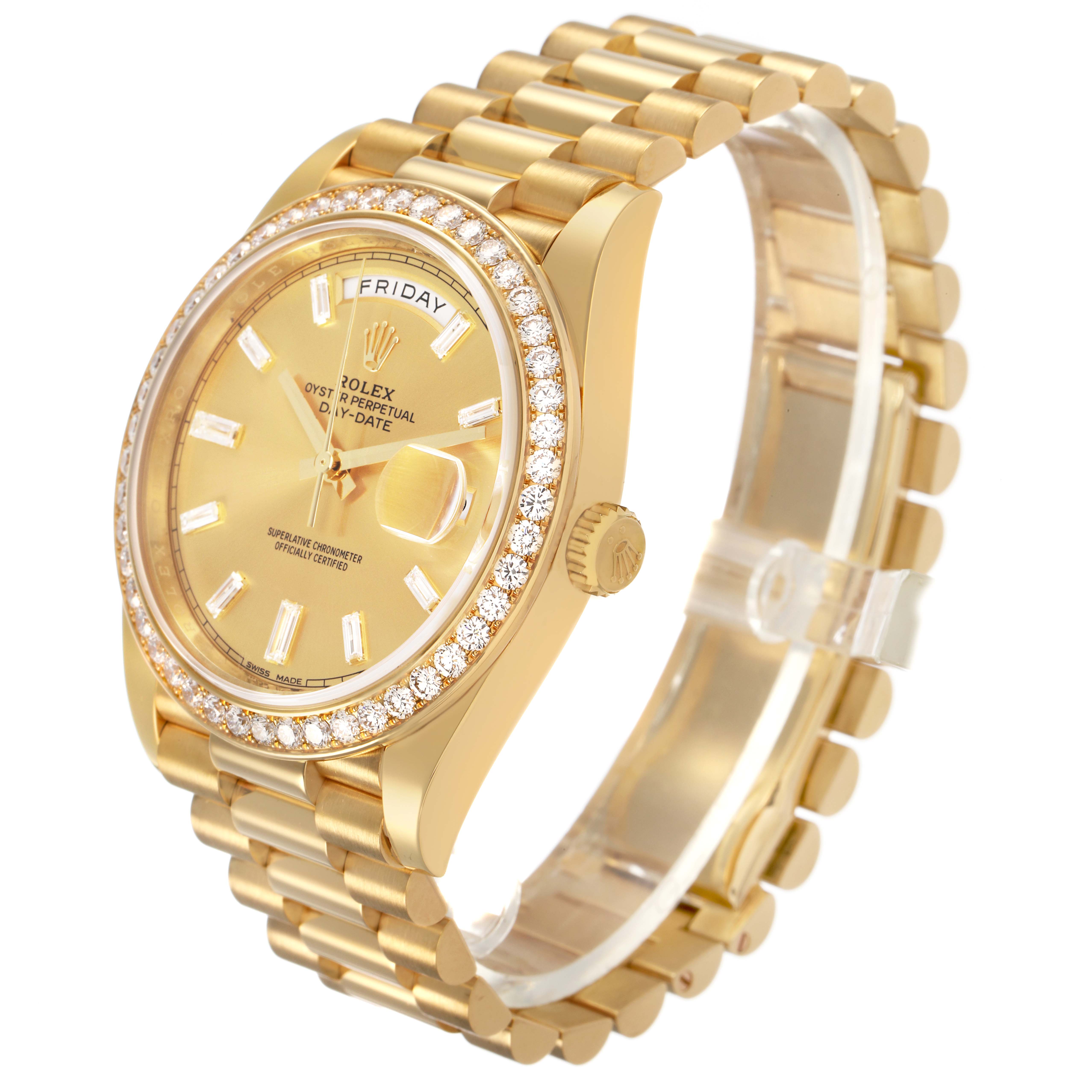 The Rolex President 228348 Men's Yellow Gold Champagne Dial model watch is shown at a three-quarter angle featuring the bezel, dial, strap, and crown.