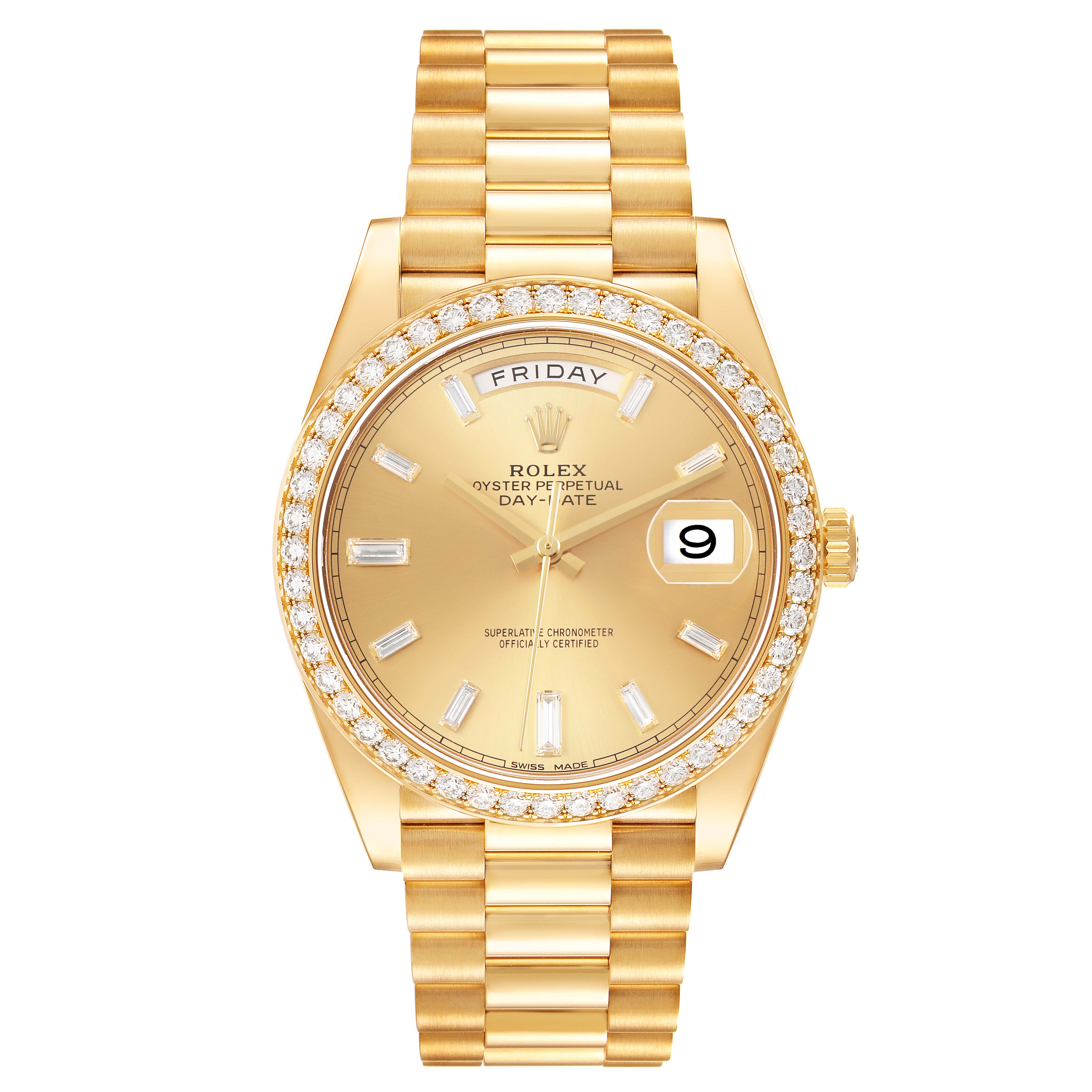 The Rolex President 228348 Men's Yellow Gold Champagne Dial watch is shown from a front angle, highlighting the dial, bezel, day, date, and bracelet.