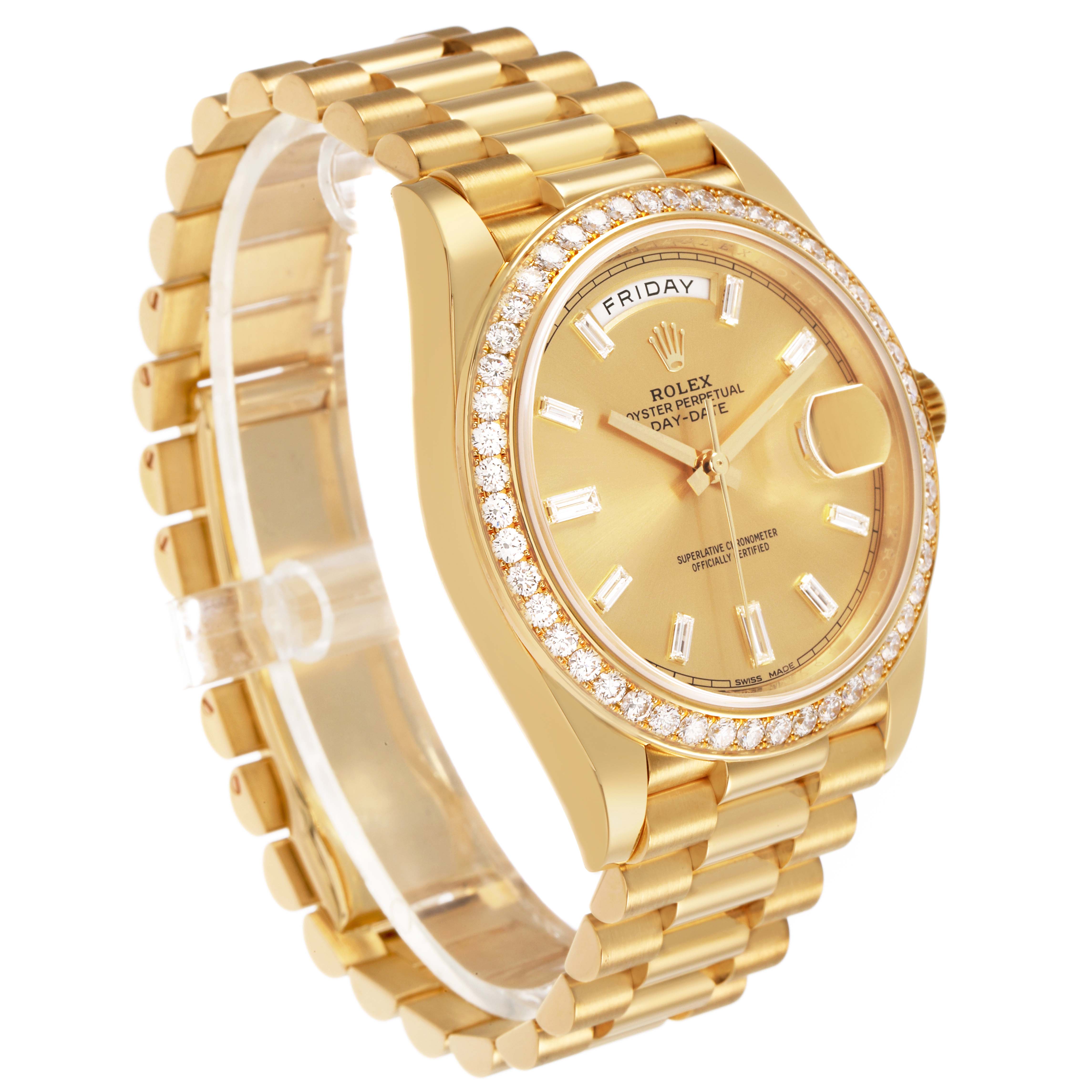 The Rolex President 228348 Men's Yellow Gold Champagne Dial model is shown at a slight angle, highlighting the gold case, diamond bezel, dial, and bracelet.